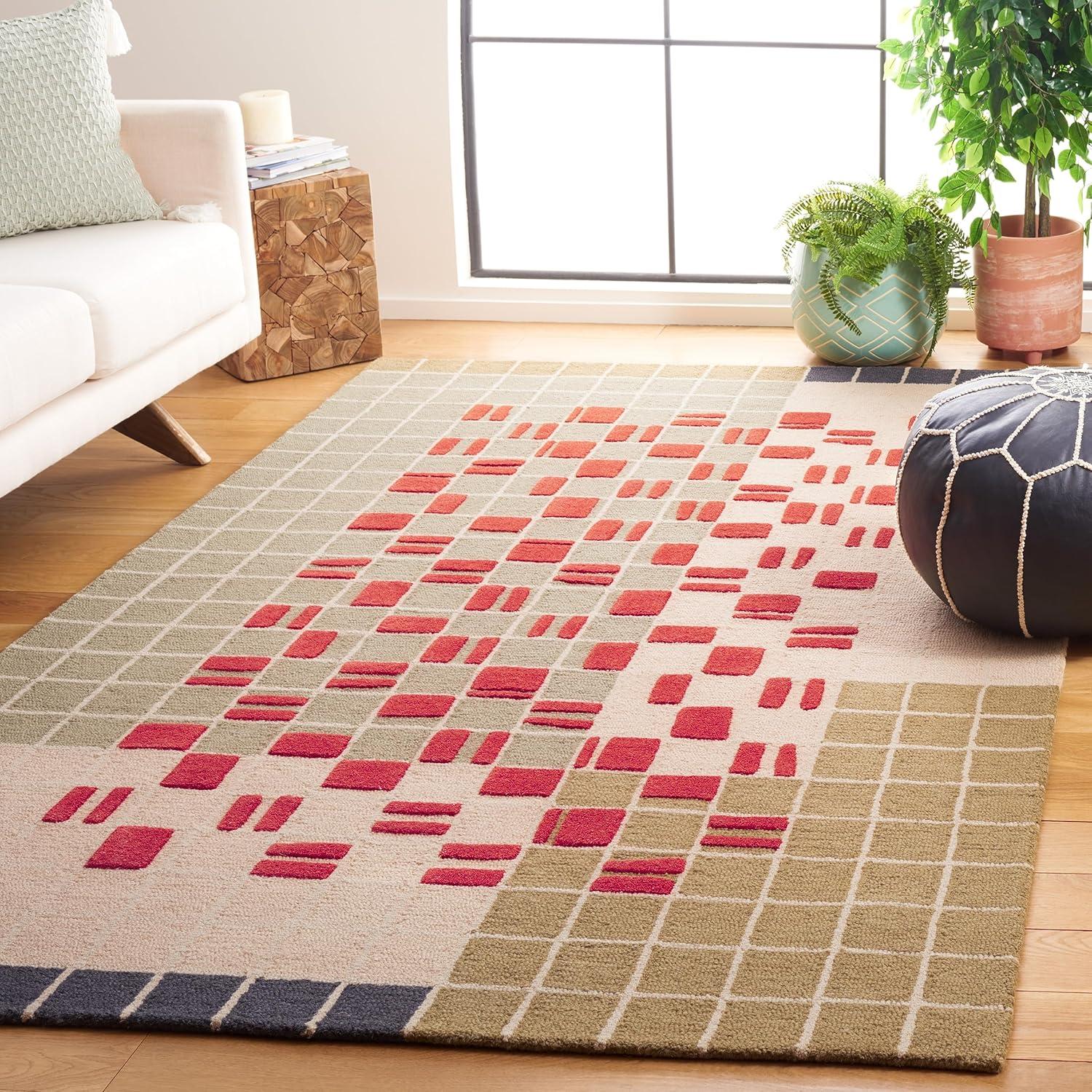 Gray and Red Geometric Handmade Wool Area Rug, 6' x 9'