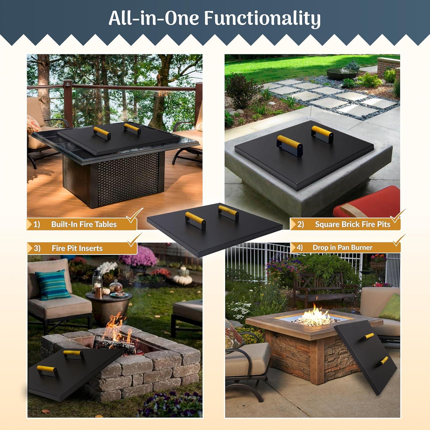 FEBTECH Fire Pit Snuffer Lid - Fire Pit Lid Square 34X34 Fire Pit Cover Square, Rust Resistant Firepit Lid,Carbon Steel Fire Pit Table Lid Square, Compatible For Firepit & Firepit Table Inside Dia Up To 32".