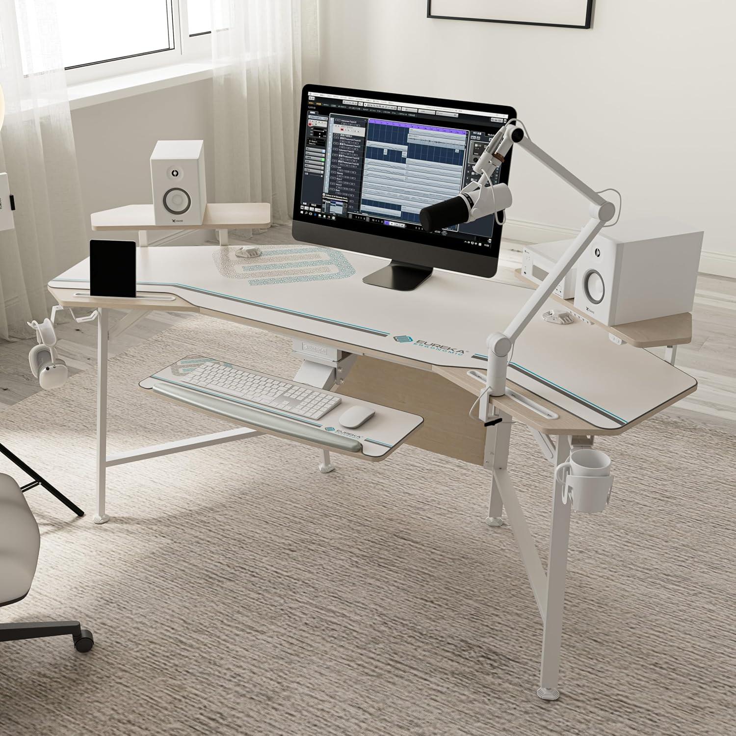 EUREKA ERGONOMIC 72" Computer Desk W Keyboard Tray, Wing-Shaped Music Studio Desk, Large Gaming Desk W LED Convertible Monitor Stand Dual Headphone Hanger for Recording Live Streamer,Maple