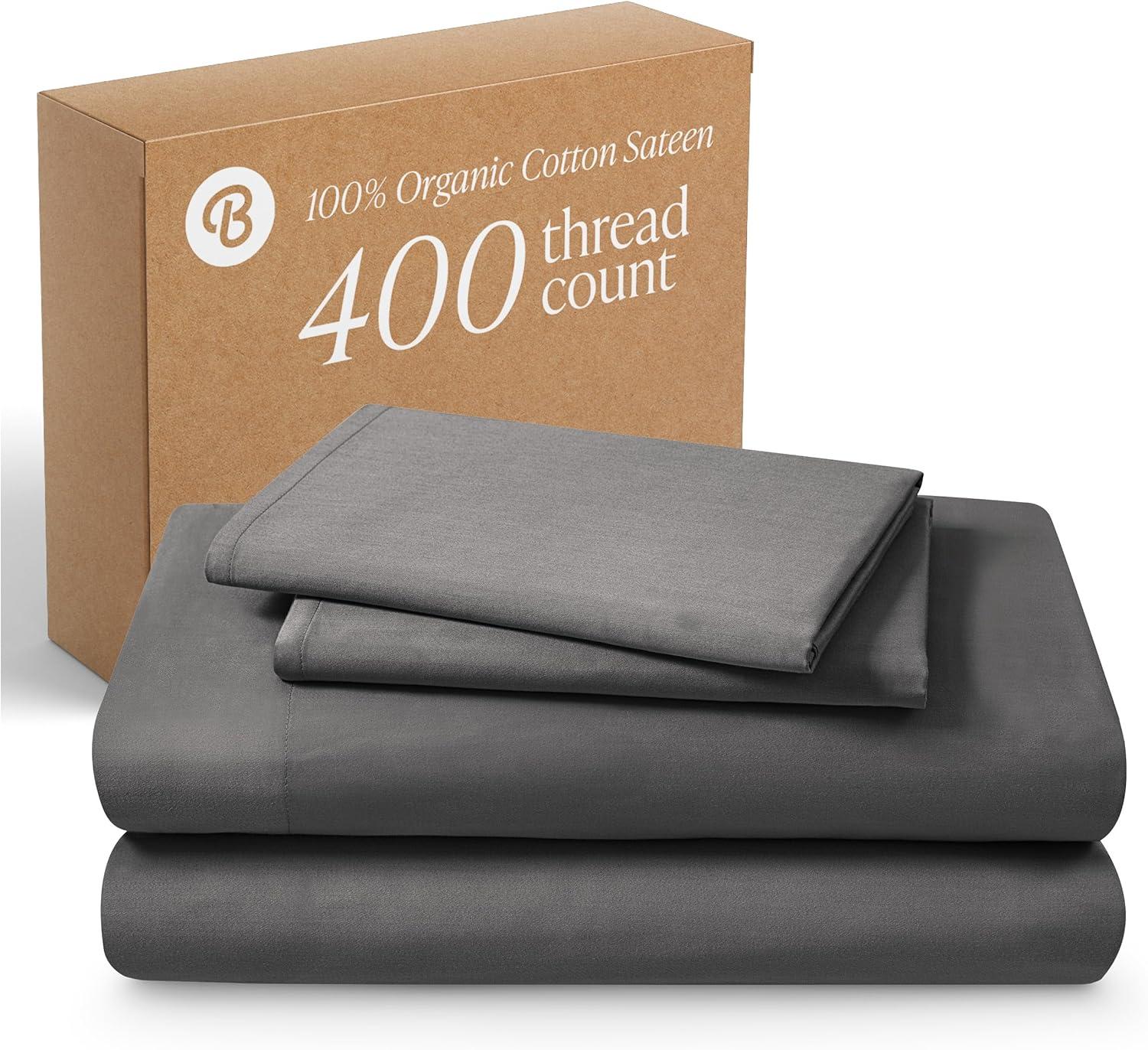 400 Thread Count Organic Cotton Sateen Grey 3 Piece Twin XL Bed Sheet Set by Bare Home