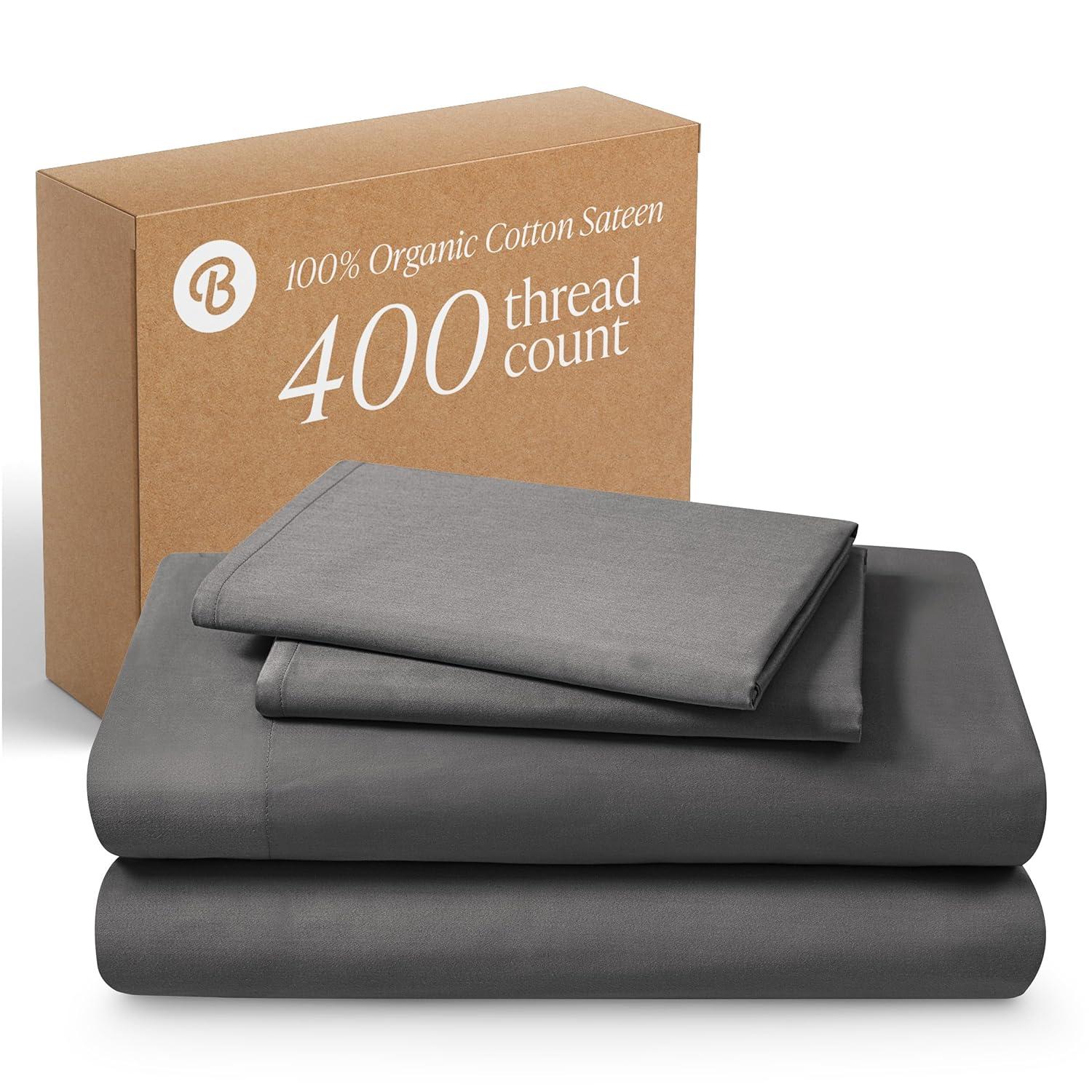 400 Thread Count Organic Cotton Sateen Grey 4 Piece Full Bed Sheet Set by Bare Home