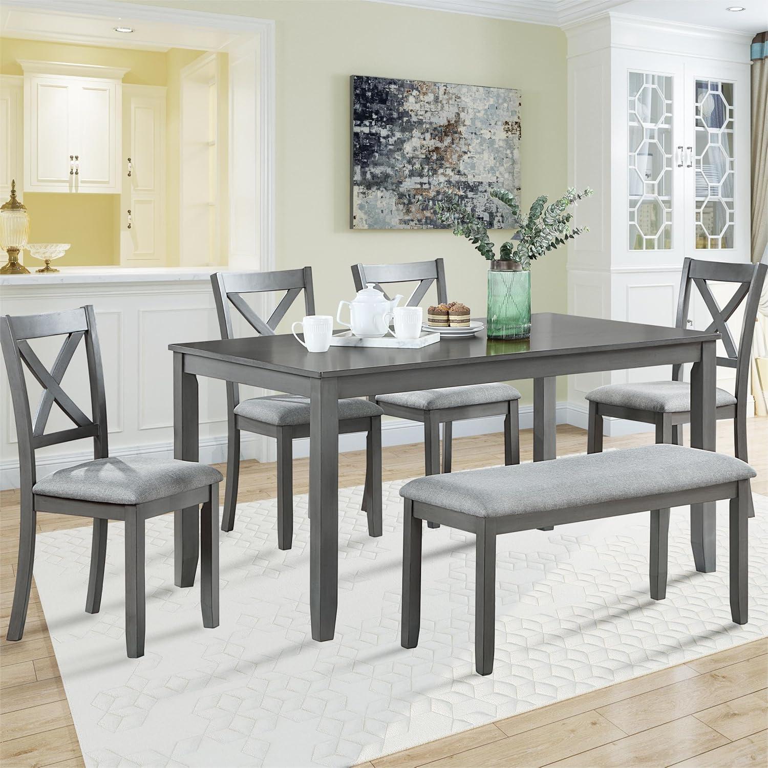 UHOMEPRO 6 Piece Dining Table Set with Bench and Chairs, Dining Table Set for 6, Rectangular Wooden Dining Table with 4 Upholstered Chairs and Bench, Dining Room Set for Kitchen, Gray B