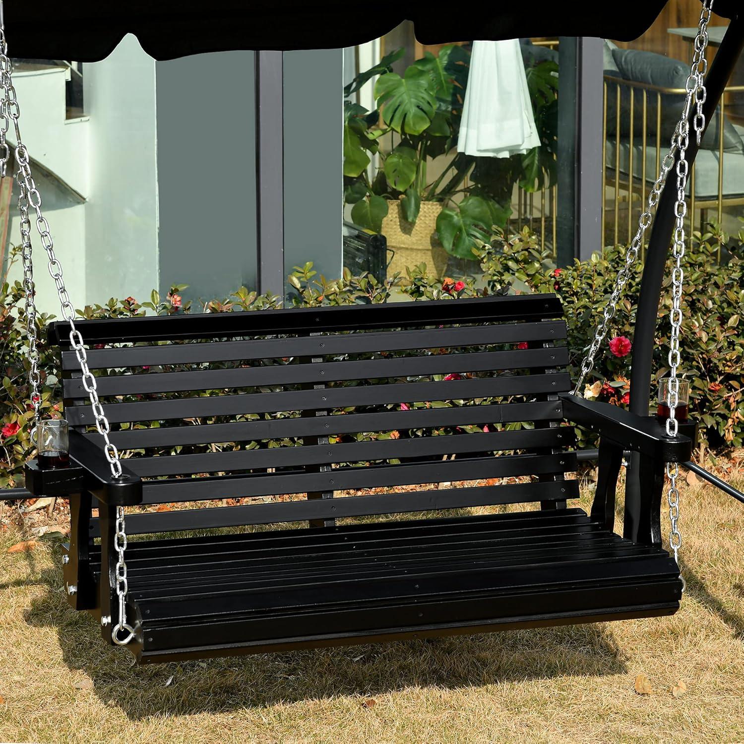 Outsunny 46" 2-Person Porch Swing Wooden Patio Swing Bench with Cup Holders, Slatted Design, & Chains Included, 440lb Weight Capacity, Black