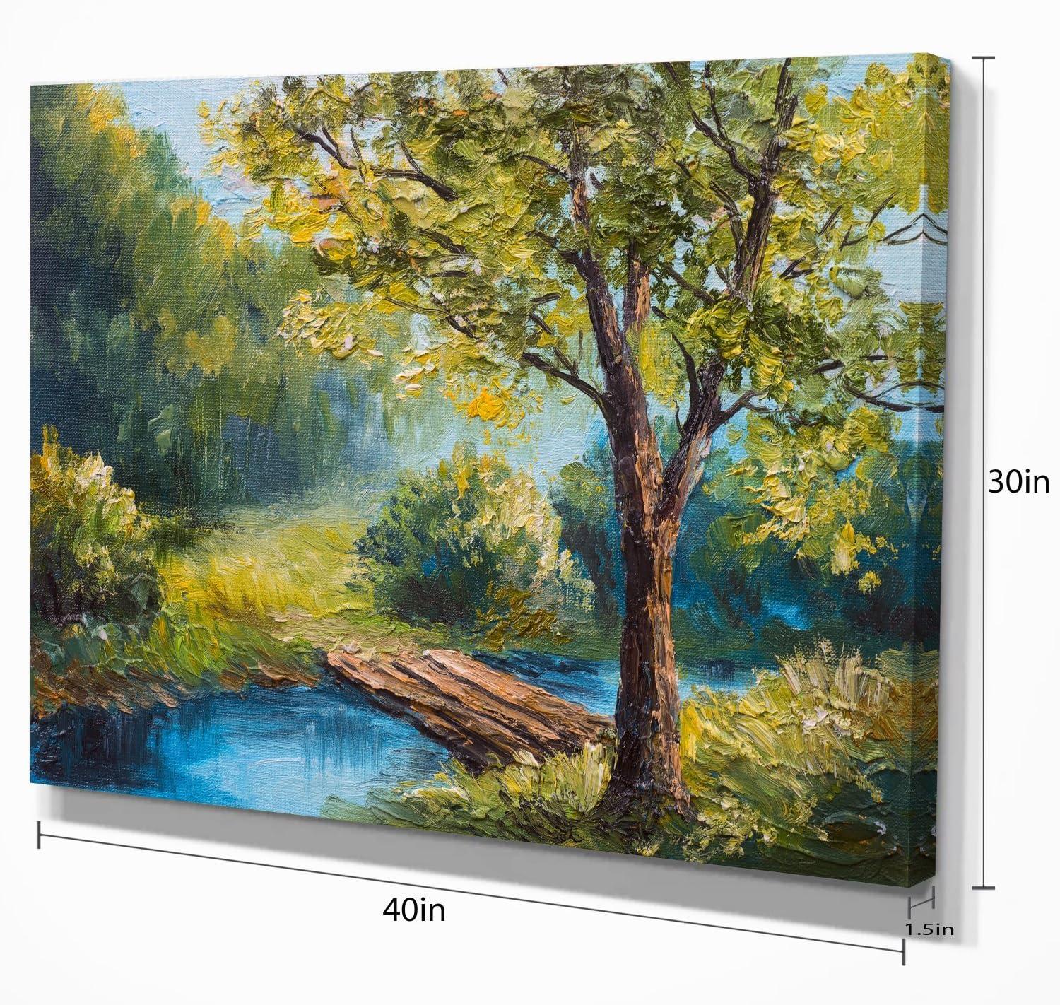 Summer Forest with Beautiful River Landscape Painting Print on Wrapped Canvas