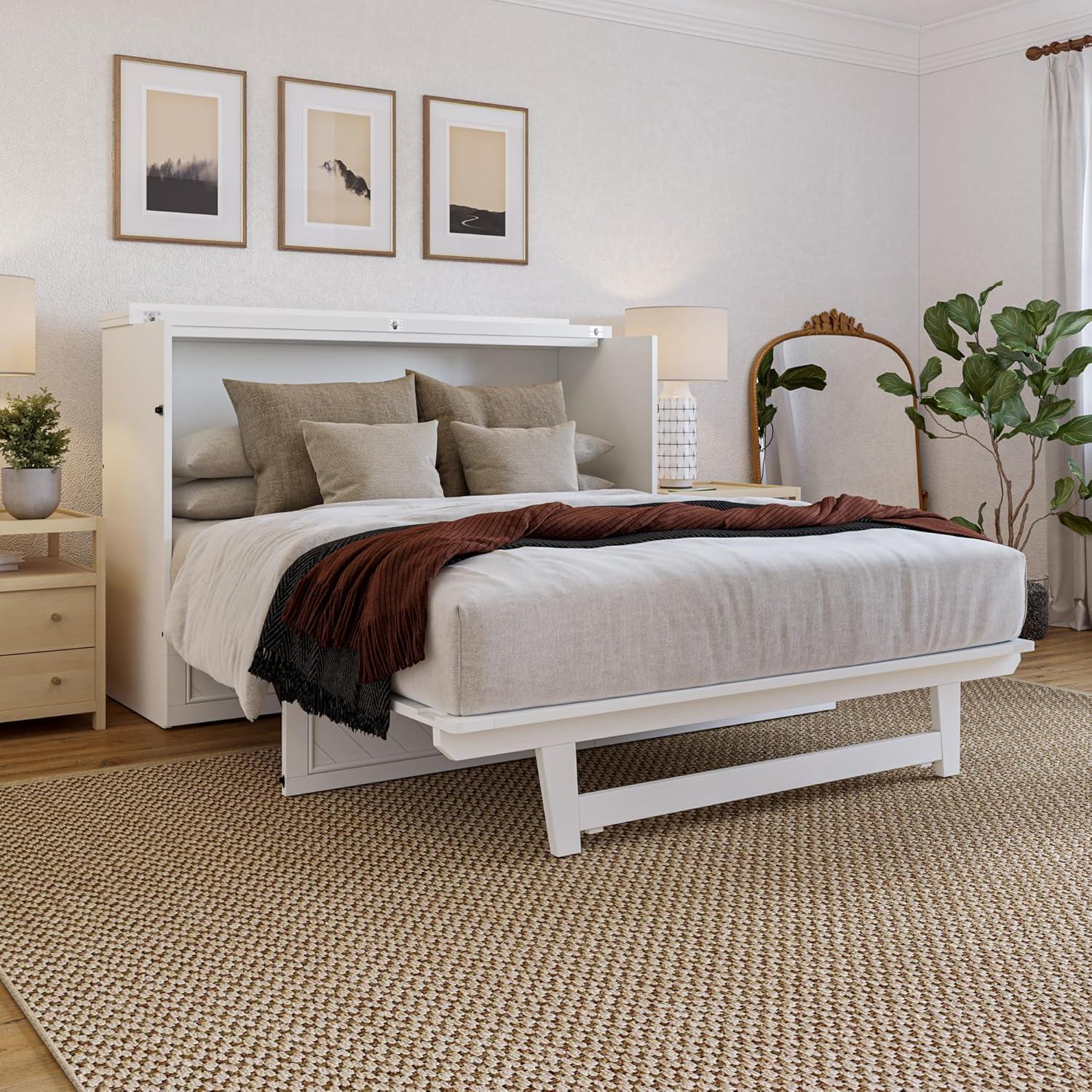 AFI Alpine Queen Wood Murphy Bed Chest with Mattress and Built-in Charger, White