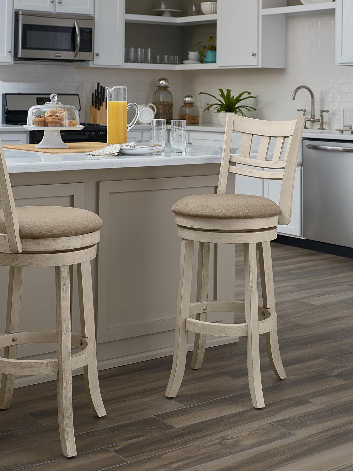 Antique White 30" Swivel Stool with Tan Linen Seat