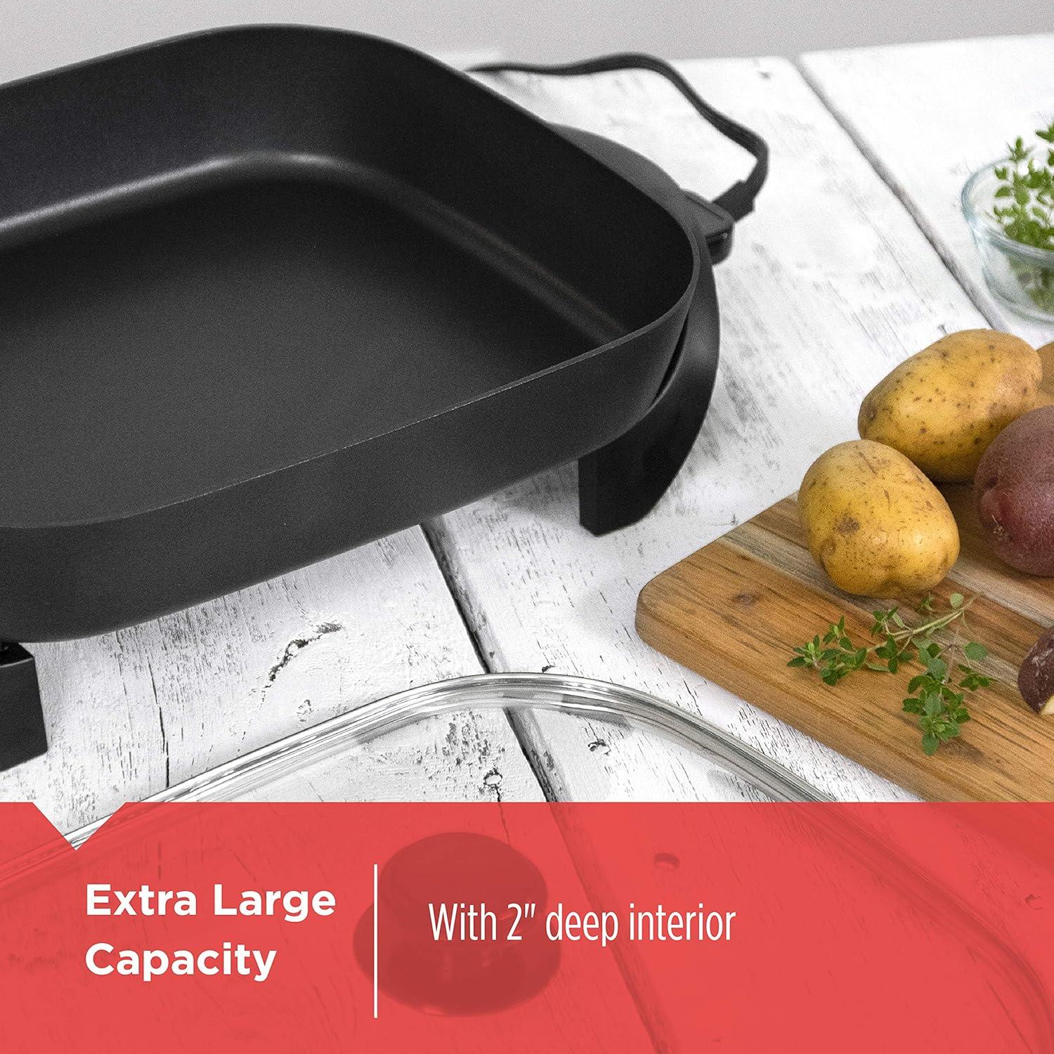 Black and Silver 12" x 15" Nonstick Electric Skillet with Tempered Glass Lid