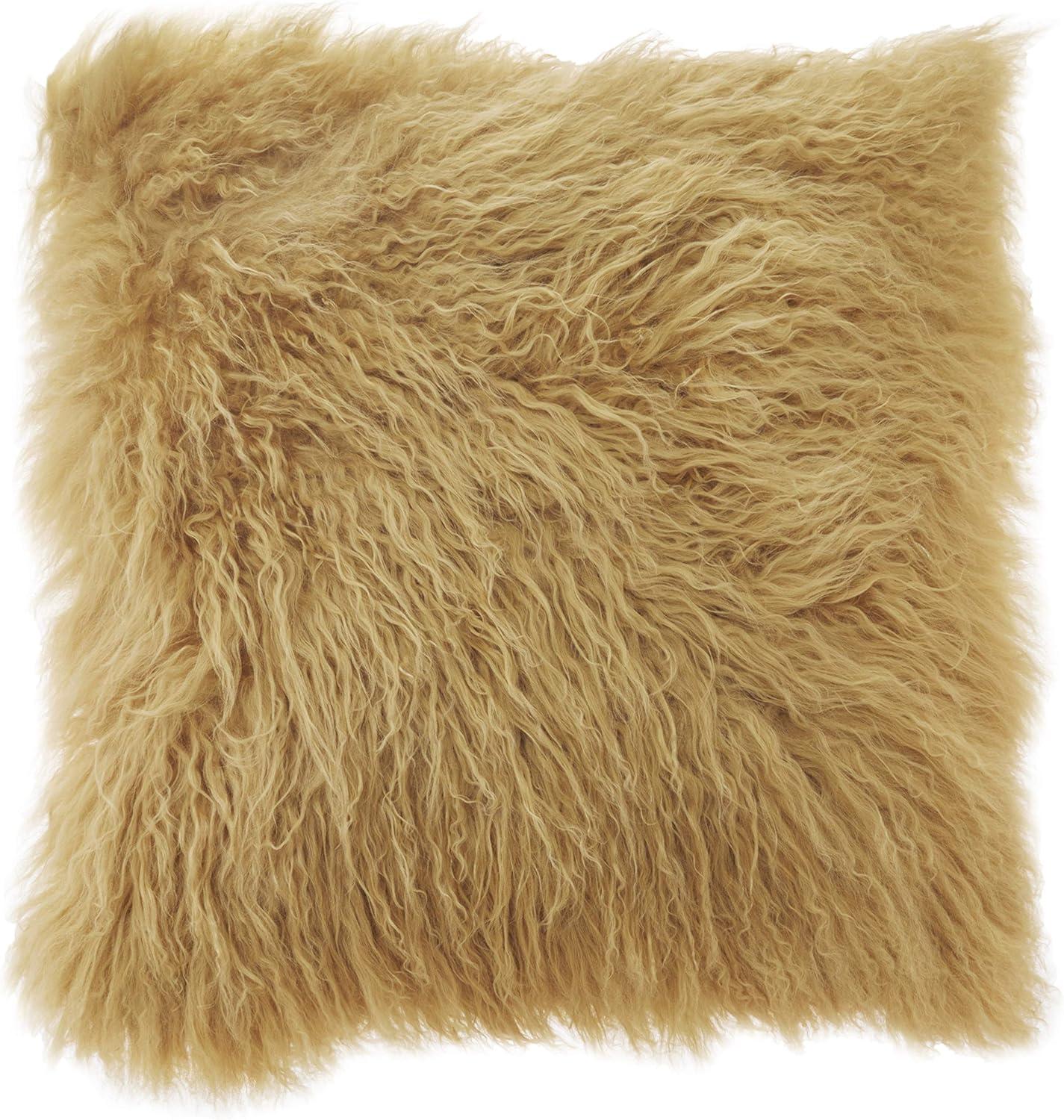 SARO 3564.GL20S 20 in. Square Wool Mongolian Lamb Fur Throw Pillow  Gold