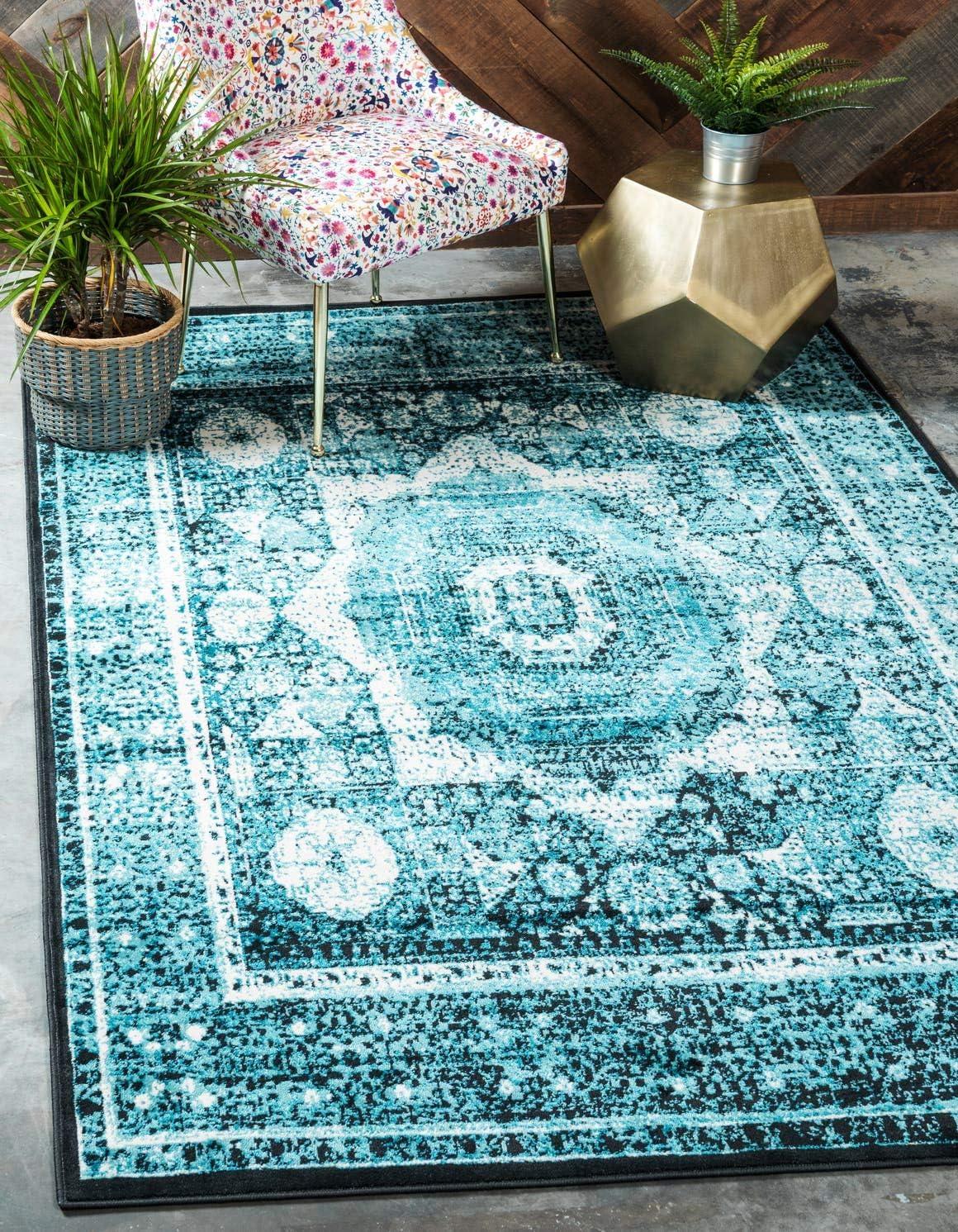 Rectangular Indoor Blue Floral Easy-Care Synthetic Area Rug