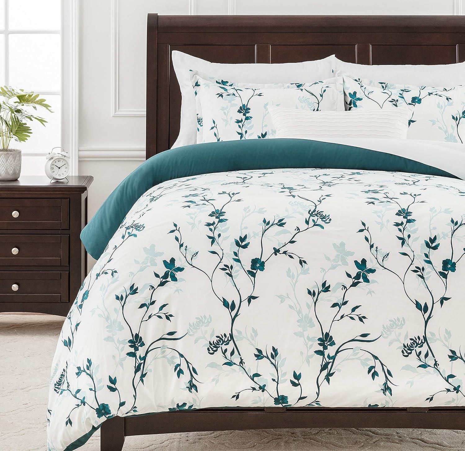 Teal Floral Print King Microfiber 3-Piece Duvet Cover Set