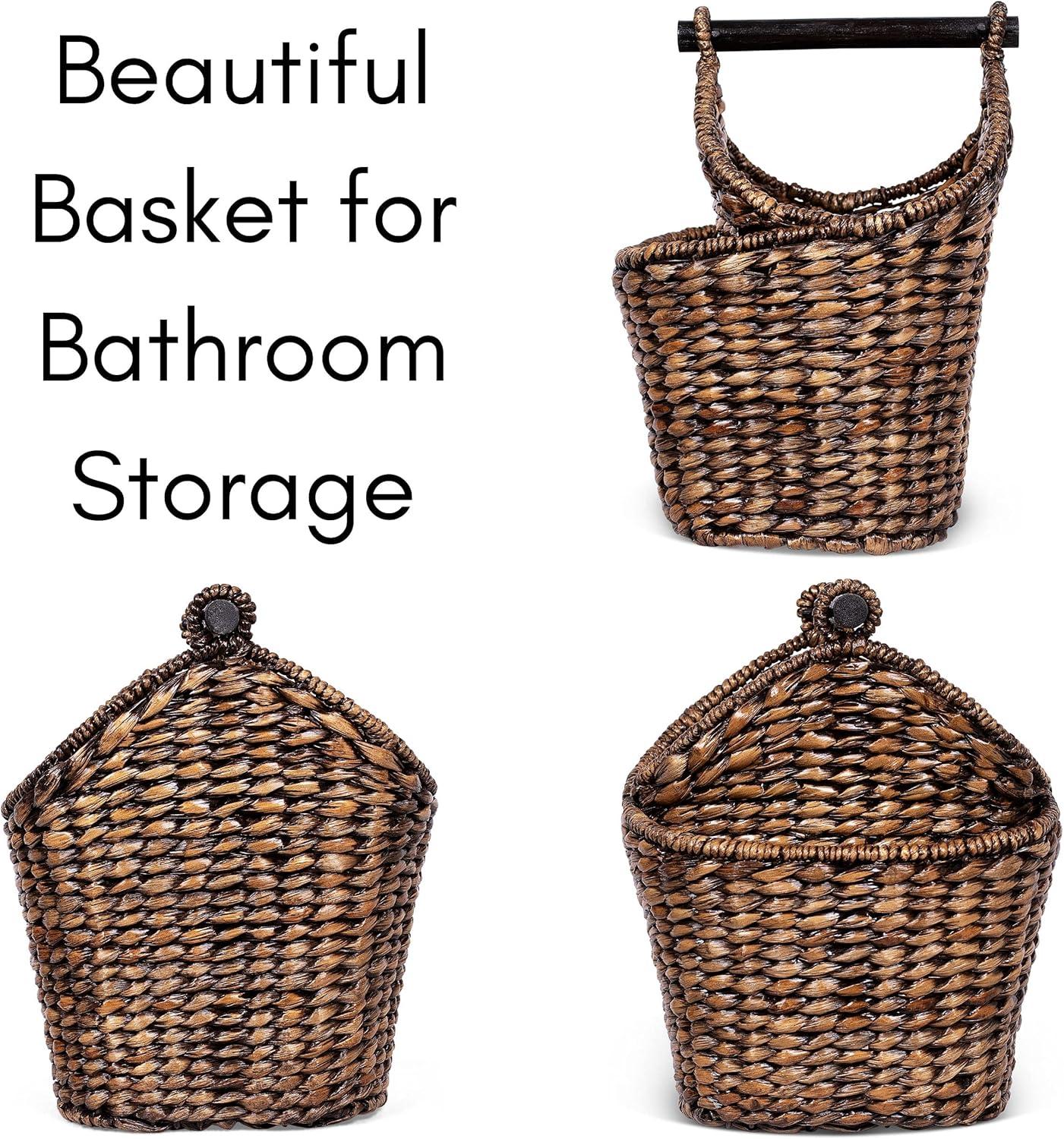Hand-Woven Brown Seagrass Rectangular Basket with Wooden Handle
