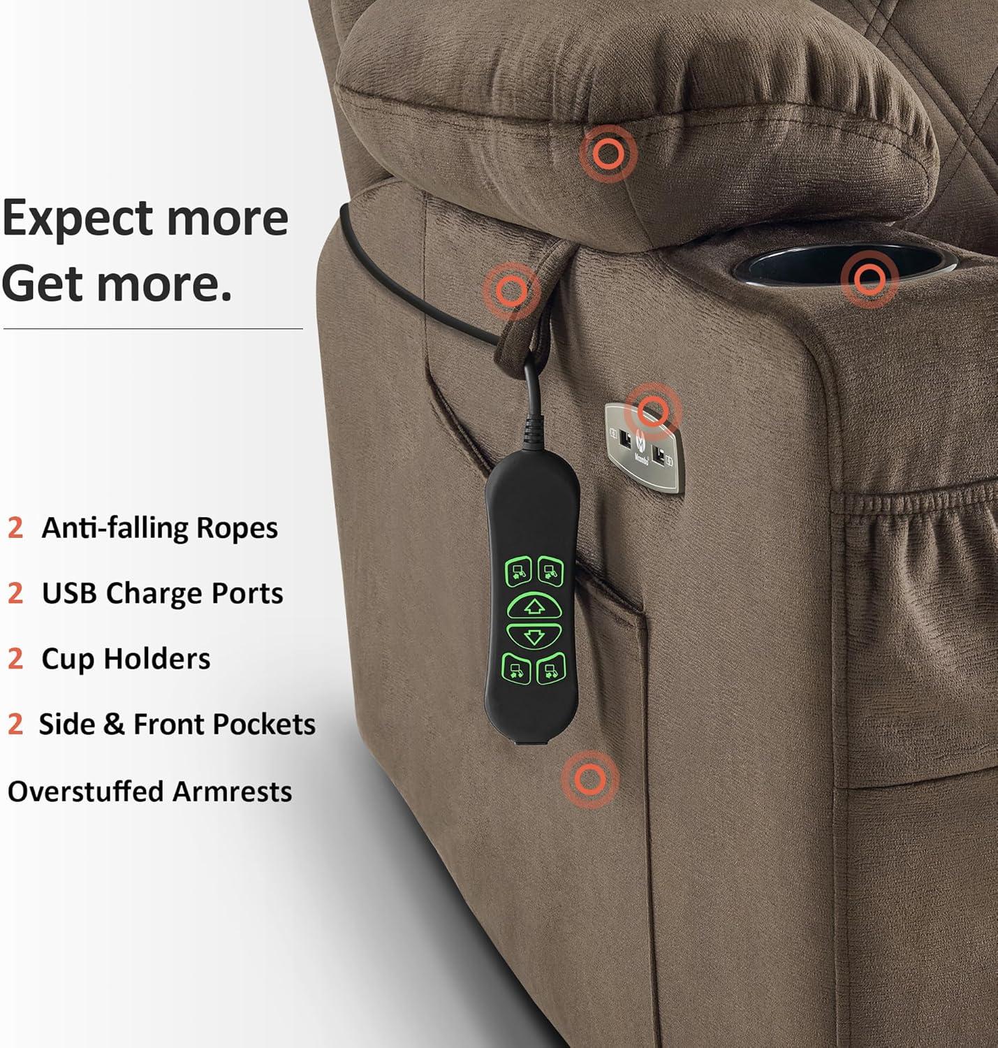 MCombo Small Size Triple Motor Power Lift Recliner Chair Sofa with Massage and Dual Heating, Adjustable Headrest for Elderly People Petite, USB Ports, Extended Footrest, Fabric 7222 (Dark Grey)