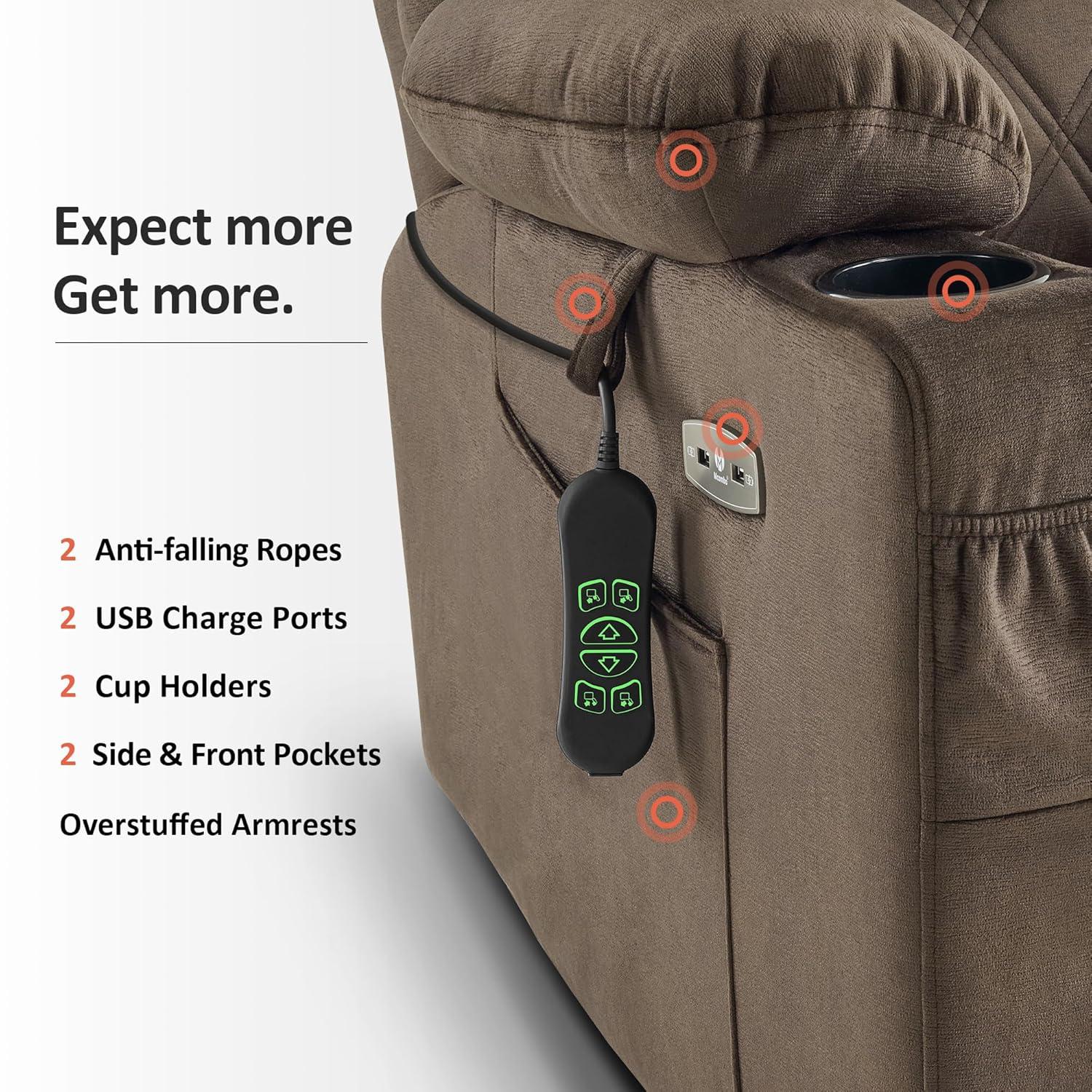 MCombo Small Size Triple Motor Power Lift Recliner Chair Sofa with Massage and Dual Heating, Adjustable Headrest for Elderly People Petite, USB Ports, Extended Footrest, Fabric 7222 (Dark Grey)