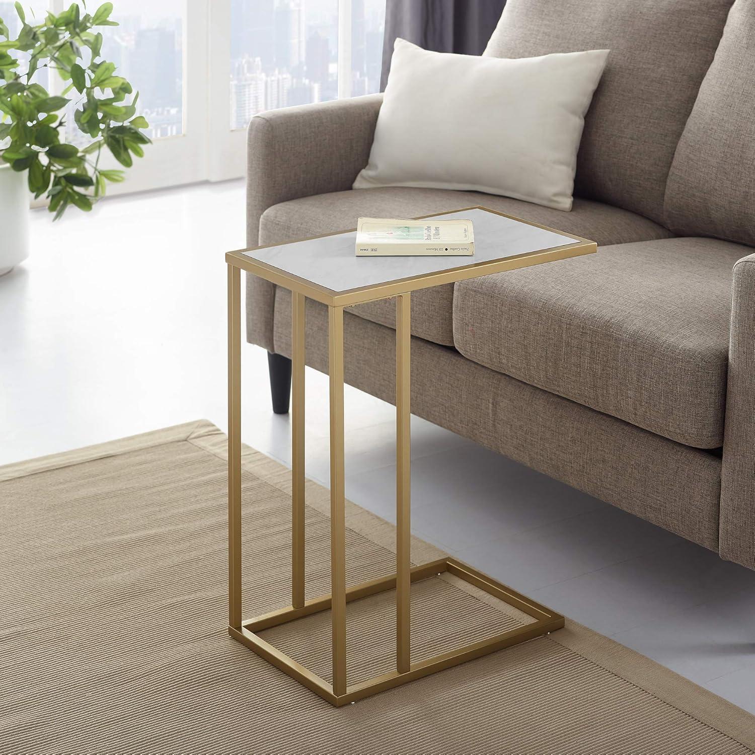 Brentwood 24" Polished Gold and Marble C-Shape Side Tables, Set of 2