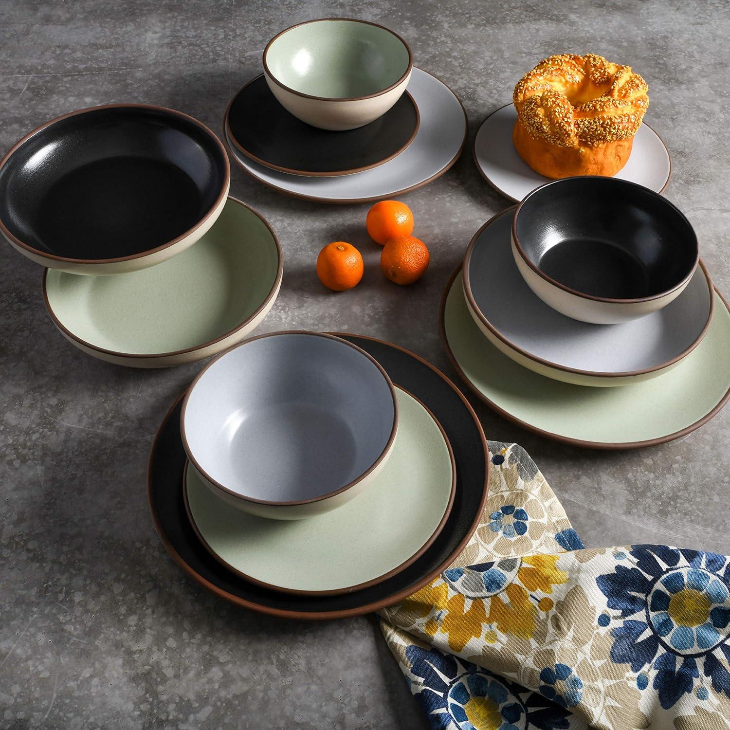 Black and Beige Ceramic 16-Piece Dinnerware Set, Service for 4