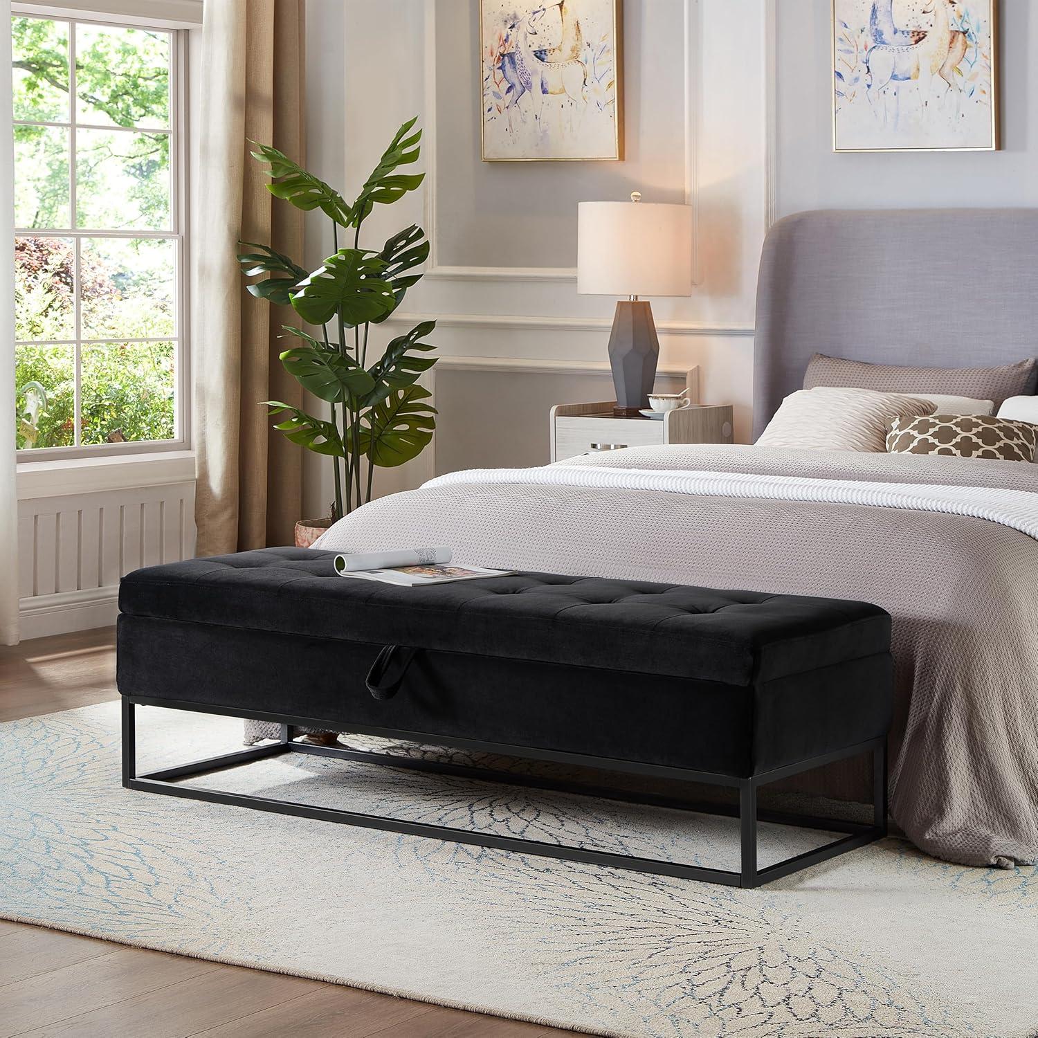 58.6" End of Bed Bench, Storage Bench with Metal Base Holds up to 500 lbs, Button Tufting Design Velvet Upholstered Bedroom Bench for End of Bed, Livingroom, Entryway, Window, Black