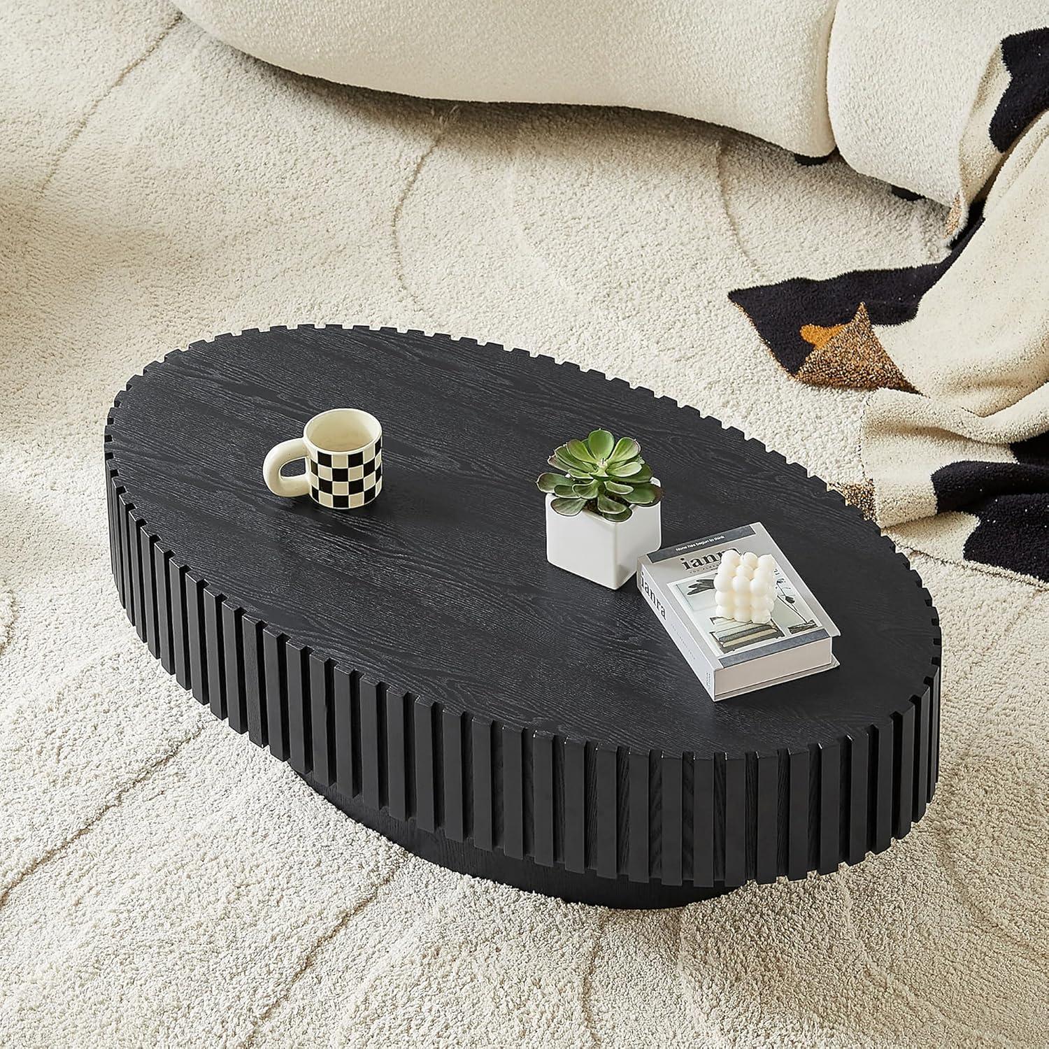 43.7'' Oval Wood Coffee Table,Modern Handcraft Drum Coffee Table for Living Room, Small Center Table with Sturdy Pedestal (Black, L43.7 x W24.8 x H13.38)