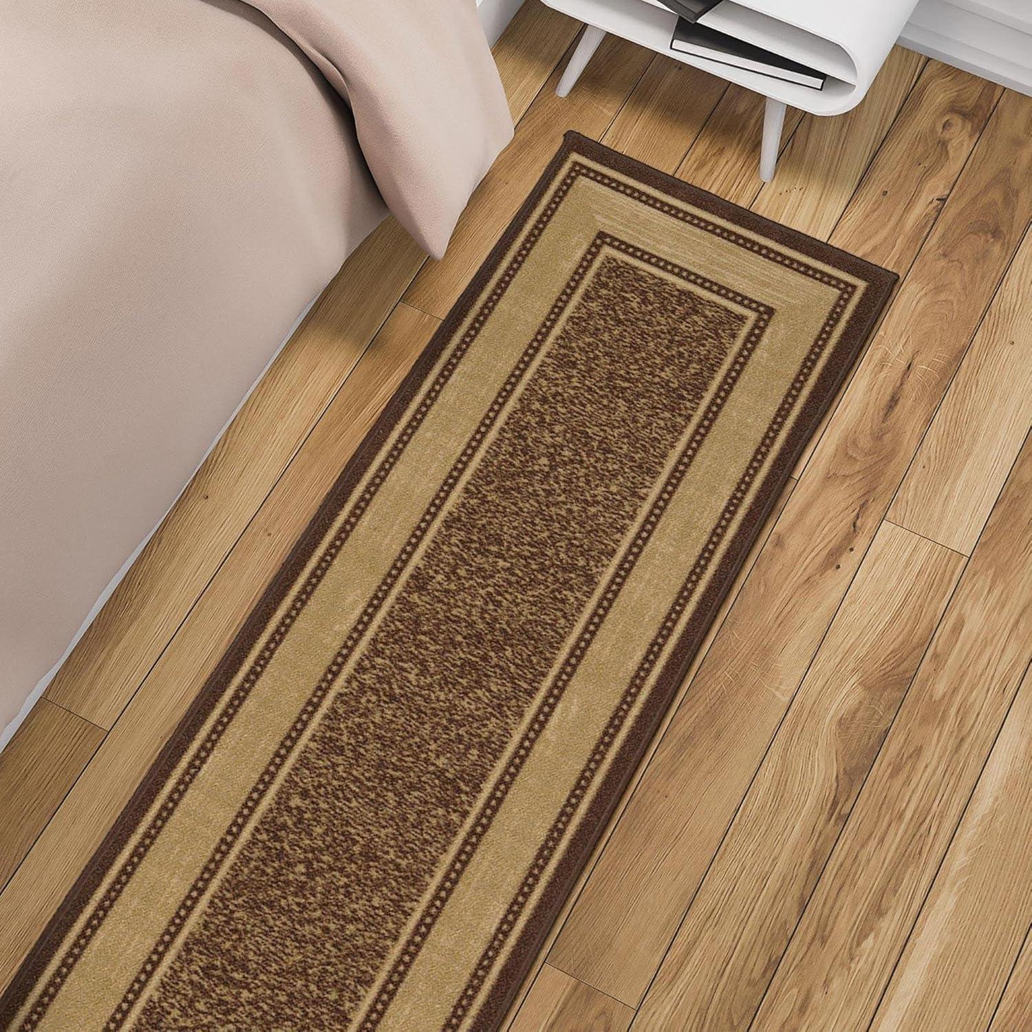 Ottomanson Machine Washable Non-Slip Rubberback Bordered 3x10 Indoor Runner Rug, 2'7" x 9'10", Brown