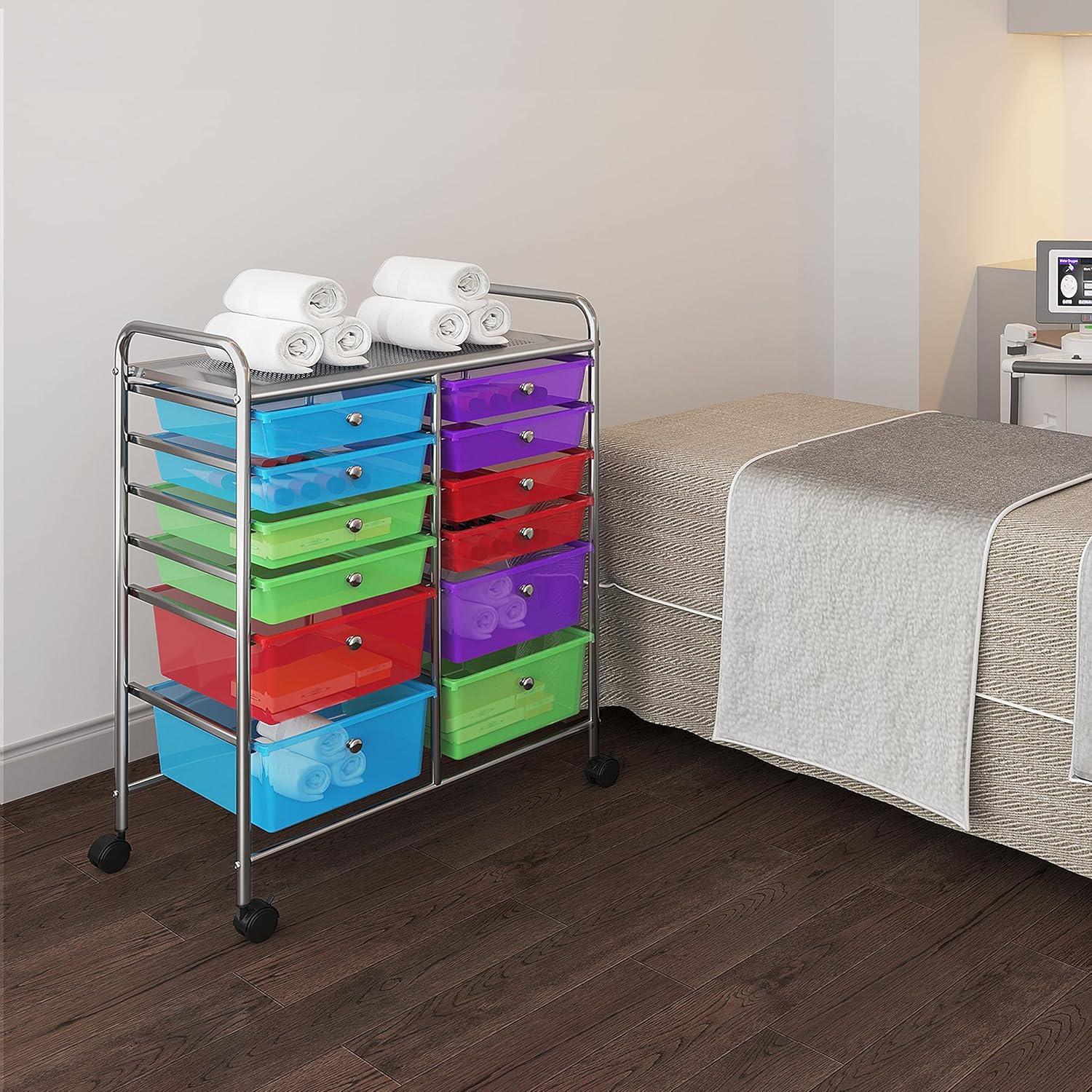 Multicolor 12-Drawer Rolling Storage Cart with Chrome Frame