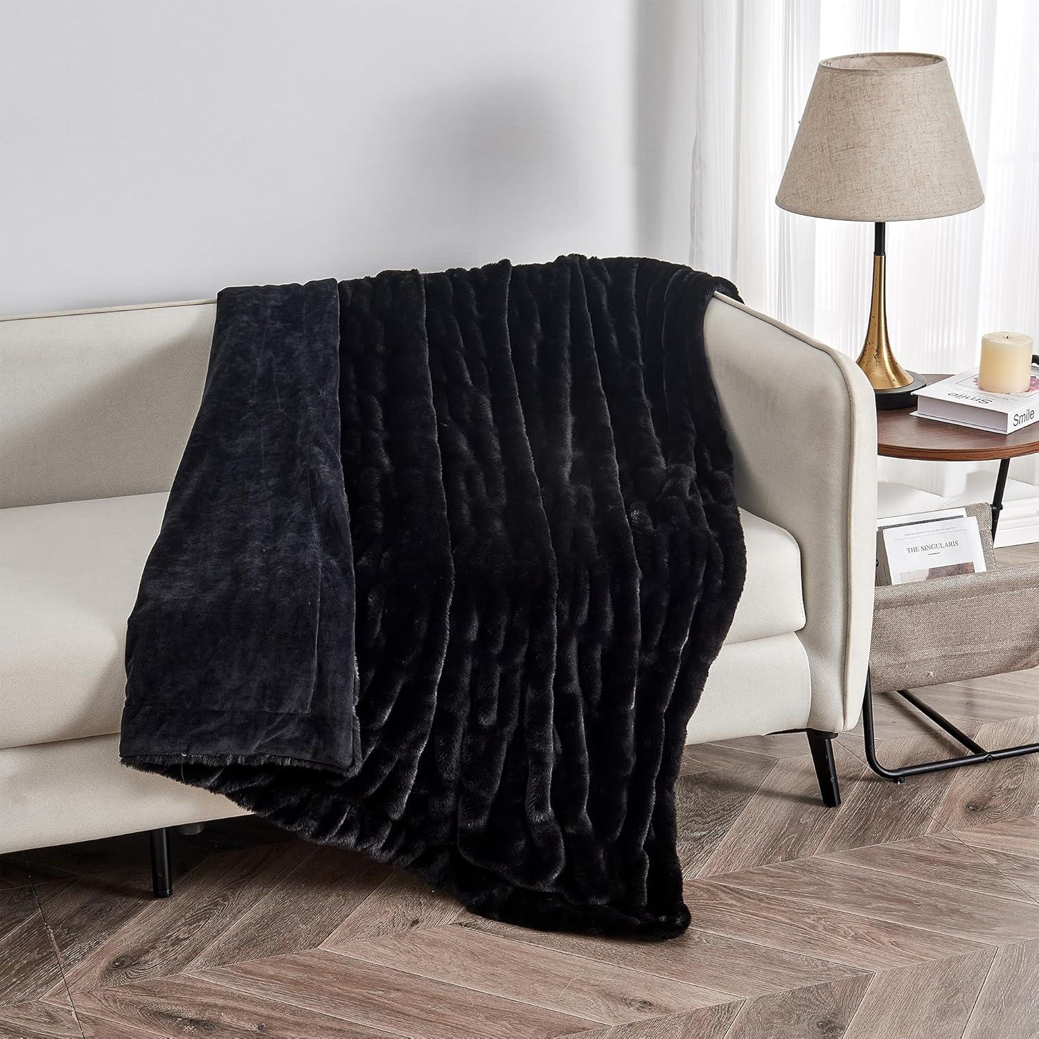 Black Faux Fur Reversible Throw Blanket for Couch or Chair, 50" x 60"