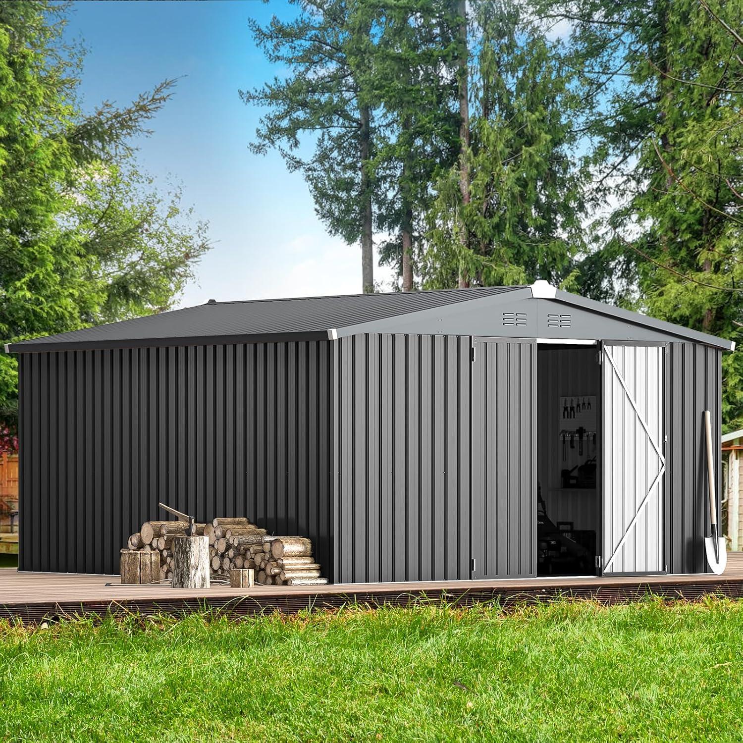 AECOJOY 12' x 12' Outdoor Storage Shed with Lockable Door Patio Metal Garden Storage Building in Dark Gray for Outside