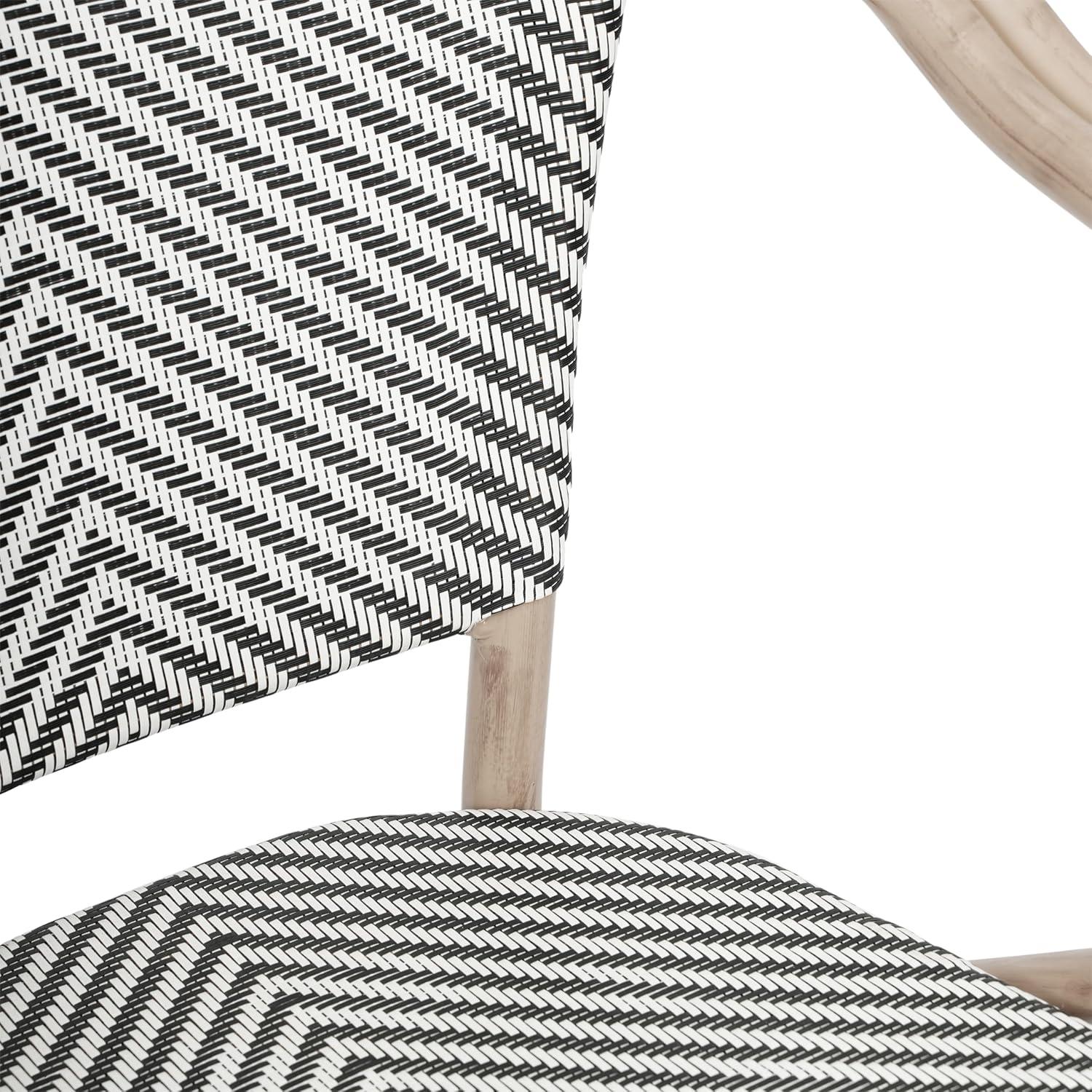 Flash Furniture Marseille Indoor/Outdoor Commercial Bistro Stacking Chair with Arms, Black/White Textilene & Bamboo Print Aluminum Frame in LT Natural