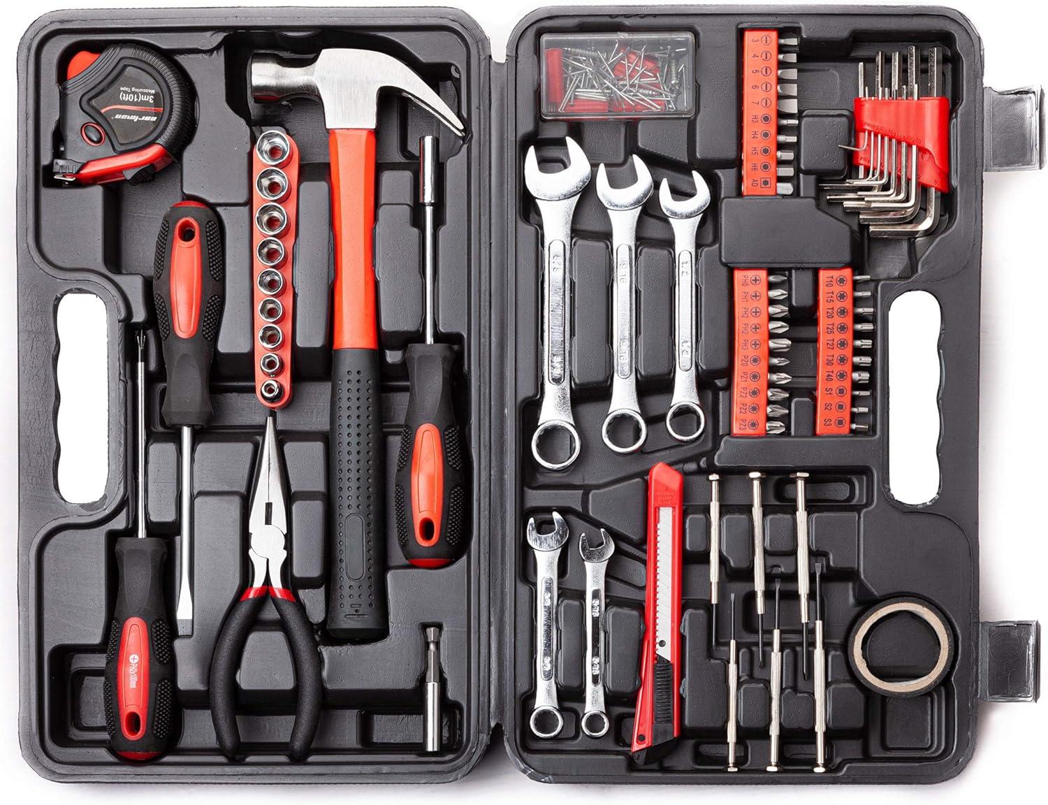 Cshidworld 148-Piece Tool Set General Household Hand Kit with Plastic Toolbox Storage Case, Mechanic Basic Home Tool Kit for Men and Women, All Essential Repair Tools for Home Garage and Office, Red