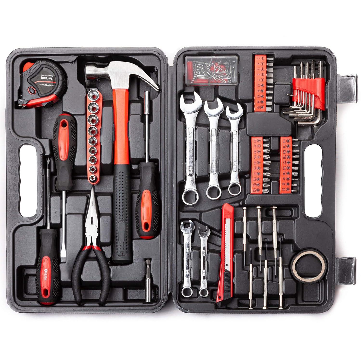 Cshidworld 148-Piece Tool Set General Household Hand Kit with Plastic Toolbox Storage Case, Mechanic Basic Home Tool Kit for Men and Women, All Essential Repair Tools for Home Garage and Office, Red