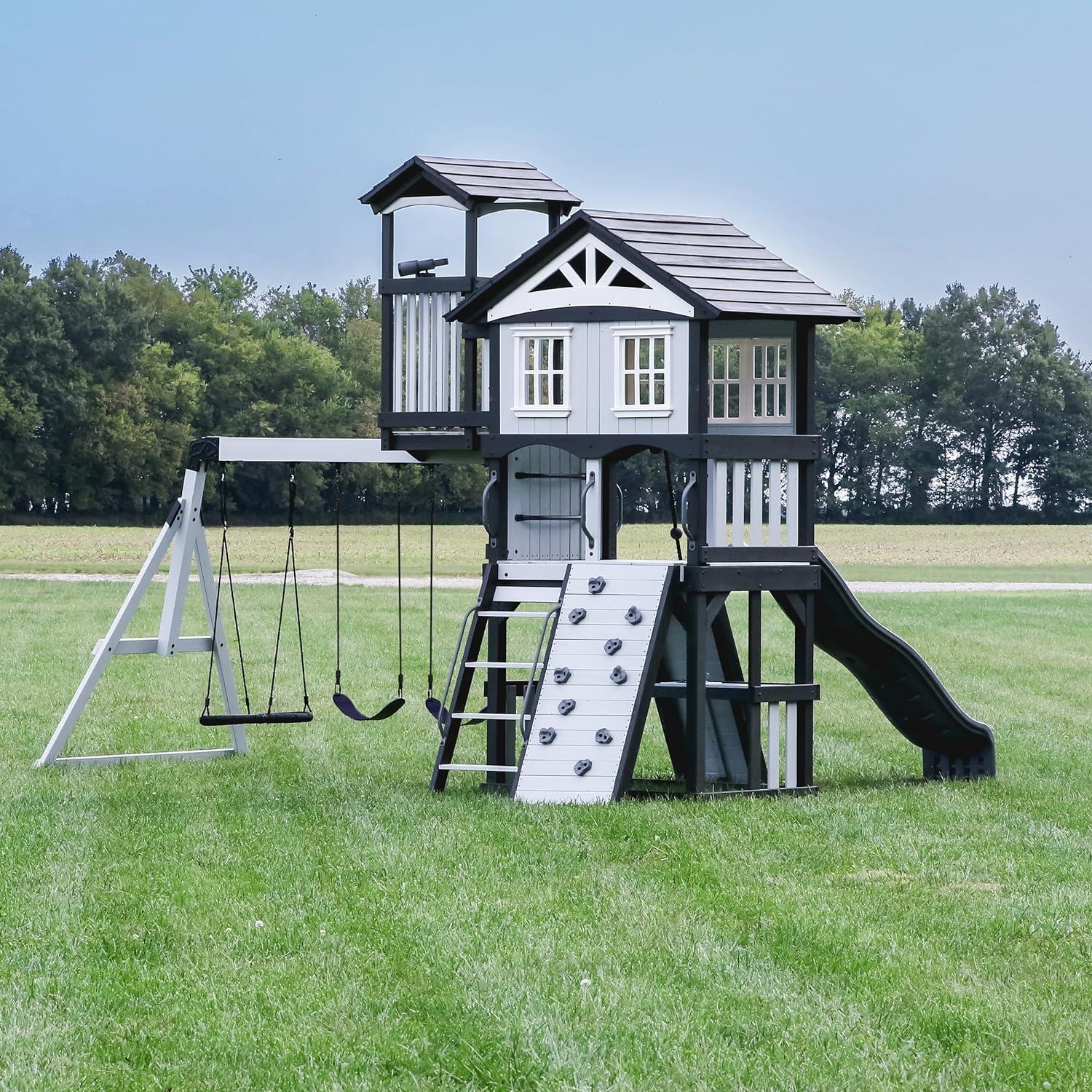 Whispering Point White and Gray Cedar Wooden Swing Set with Wave Slide