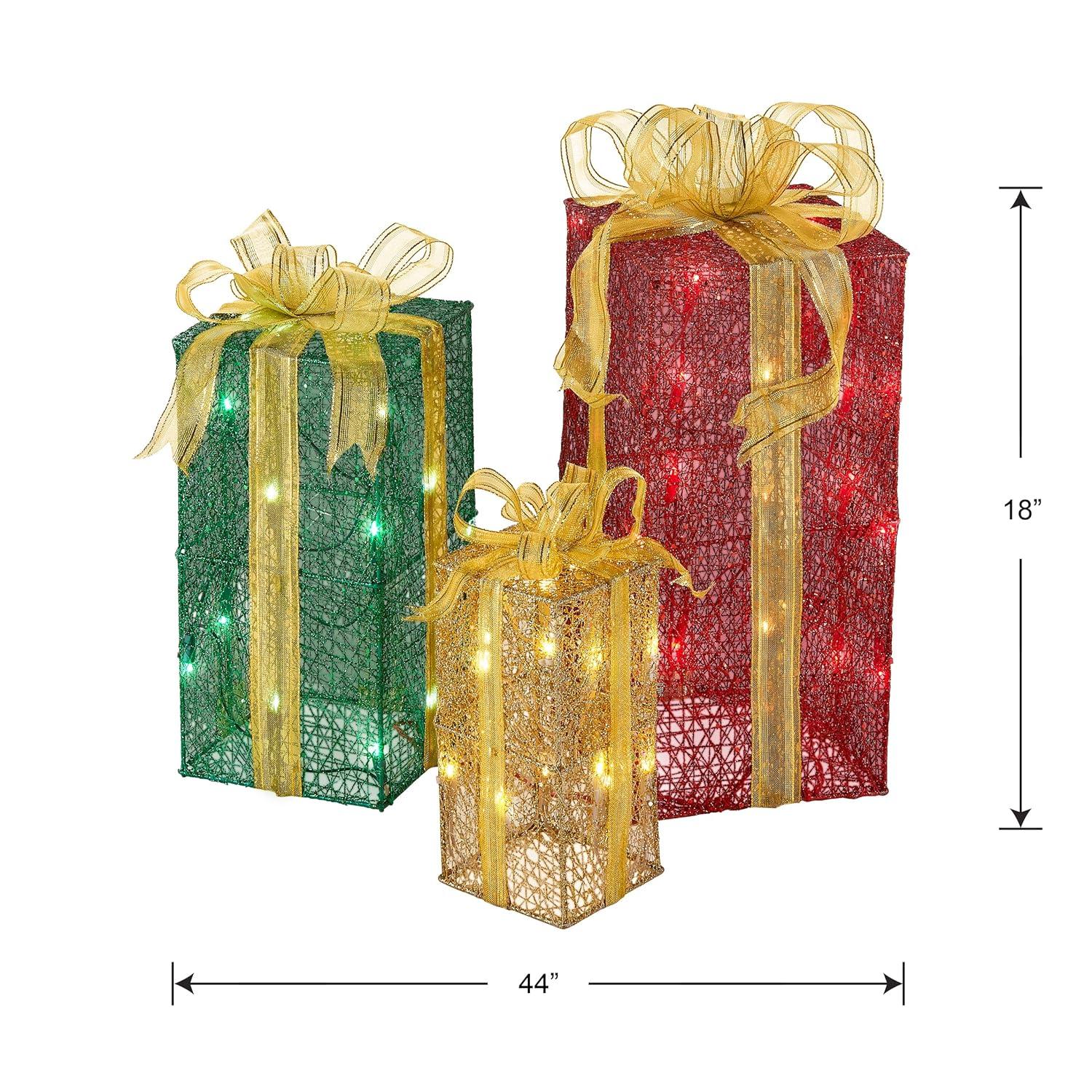 Festive Sisal Gift Boxes with Gold Lace and Lights, Set of 3
