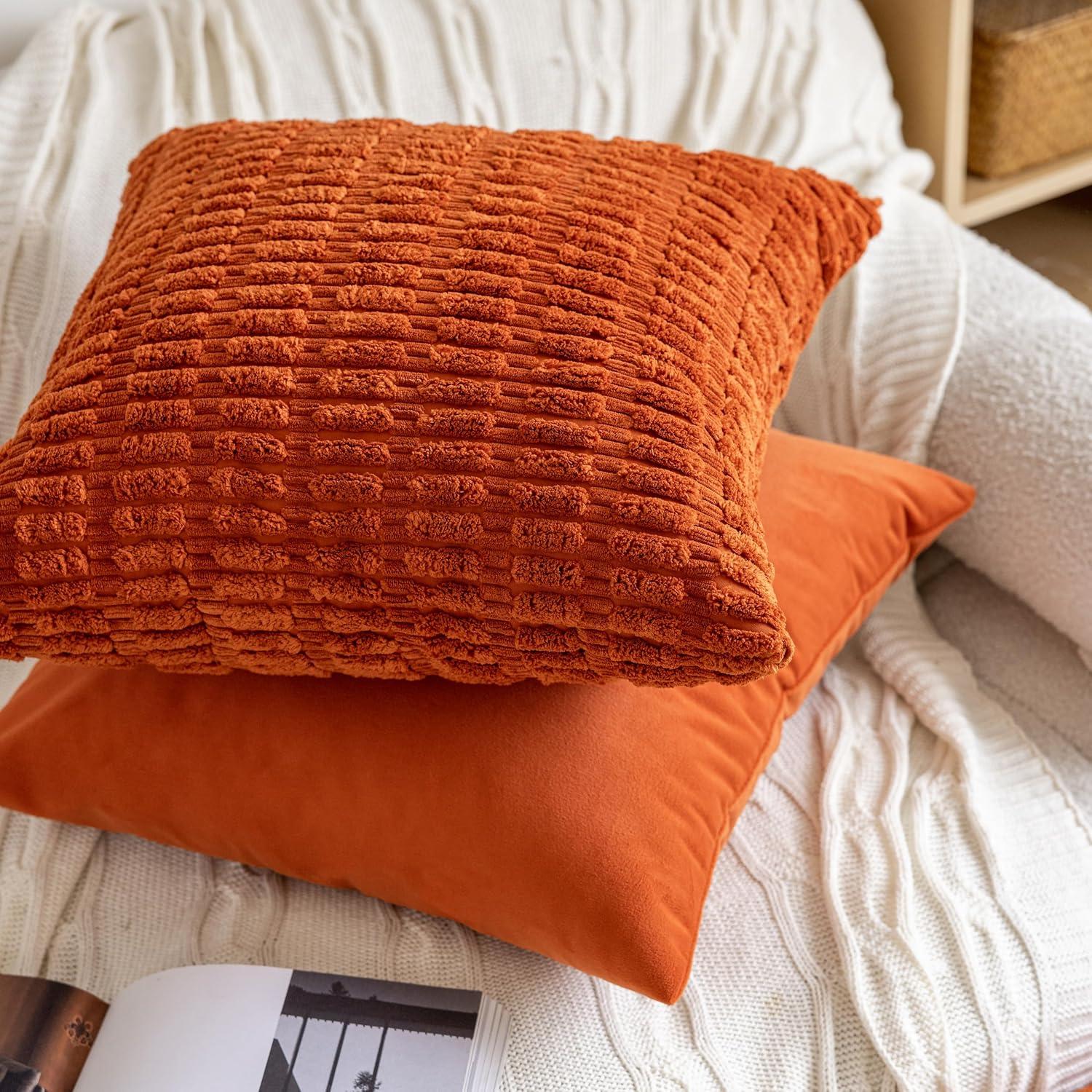 Set of 2 Cozy Velvet Square Decorative Throw Pillow Covers for Couch and Bed, Burnt Orange, 18 x 18 Inches Burnt Orange 18 x 18-Inch