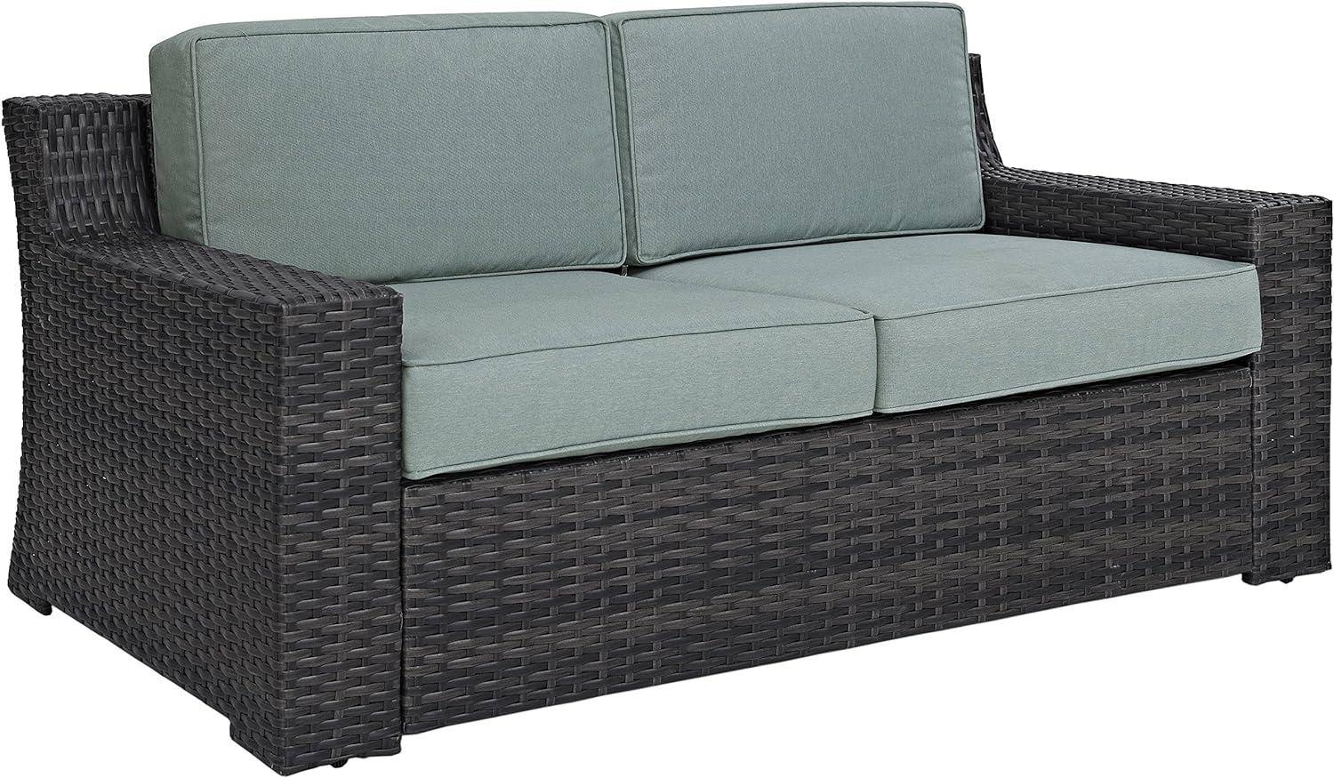 Beaufort Dark Brown Wicker Loveseat with Mist Cushions