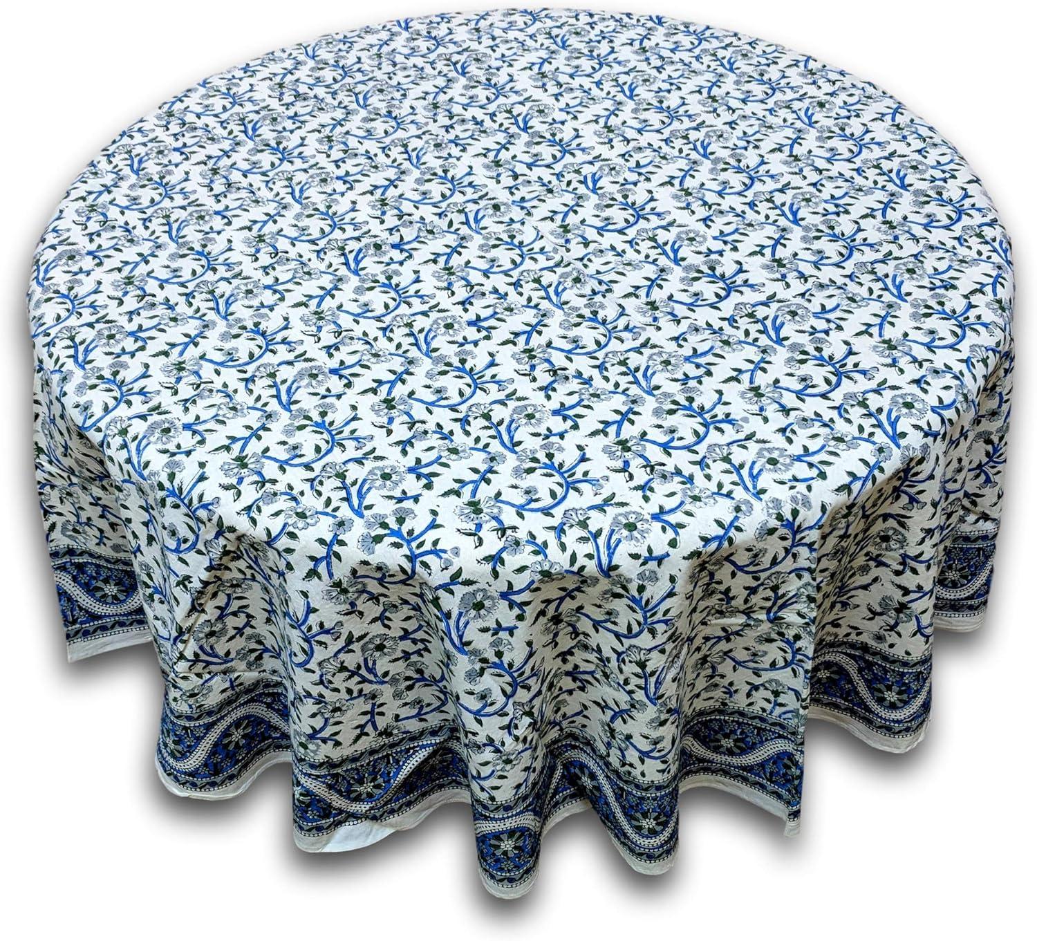 Blue Floral Hand Block Print Cotton Round Tablecloth