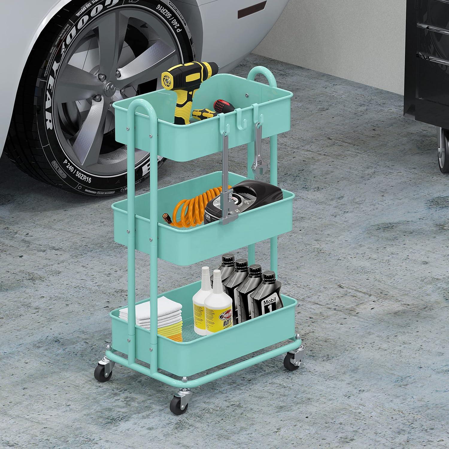 Turquoise Metal 3-Tier Utility Rolling Cart with Swivel Wheels