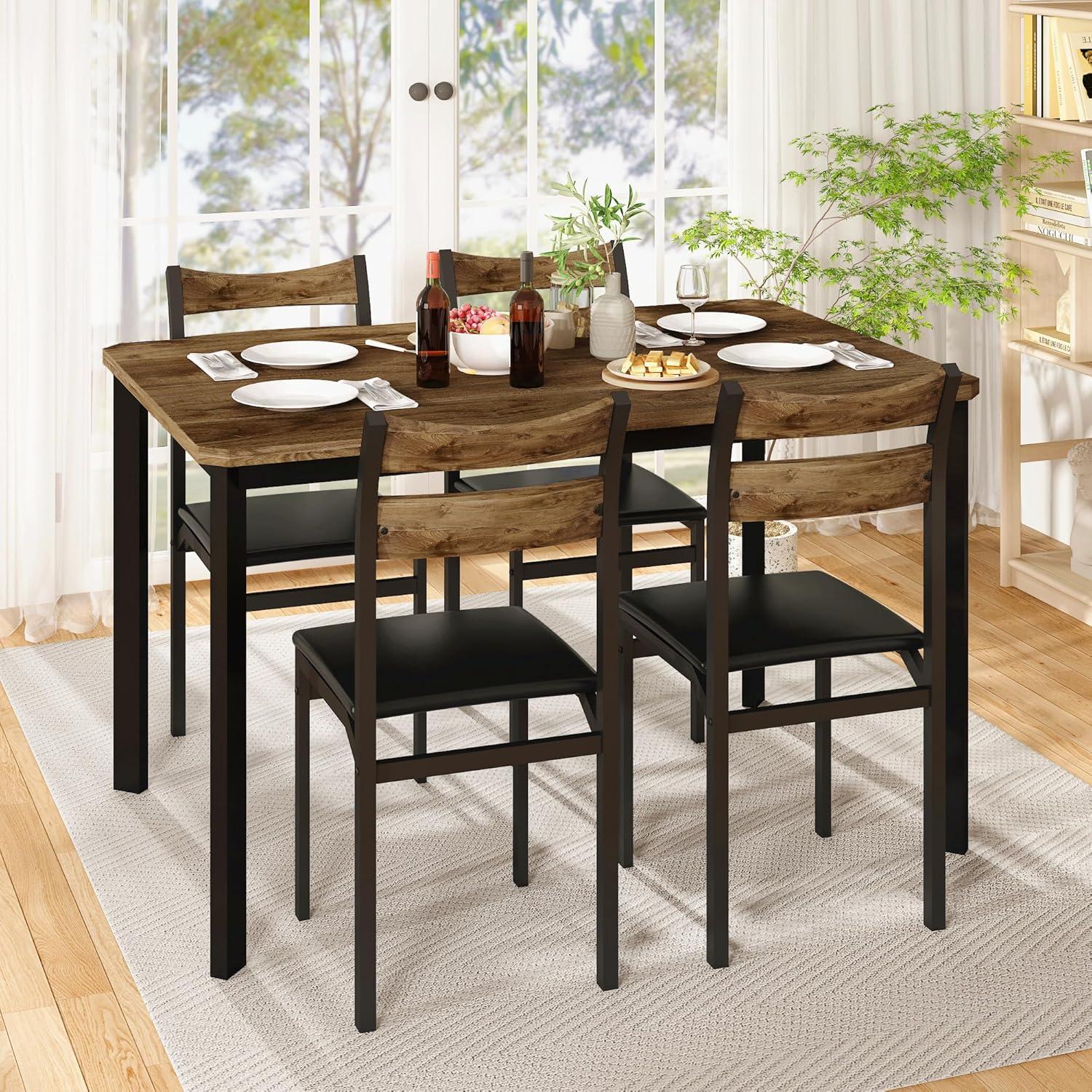 Brown and Black 5-Piece Dining Set with PU Leather Chairs