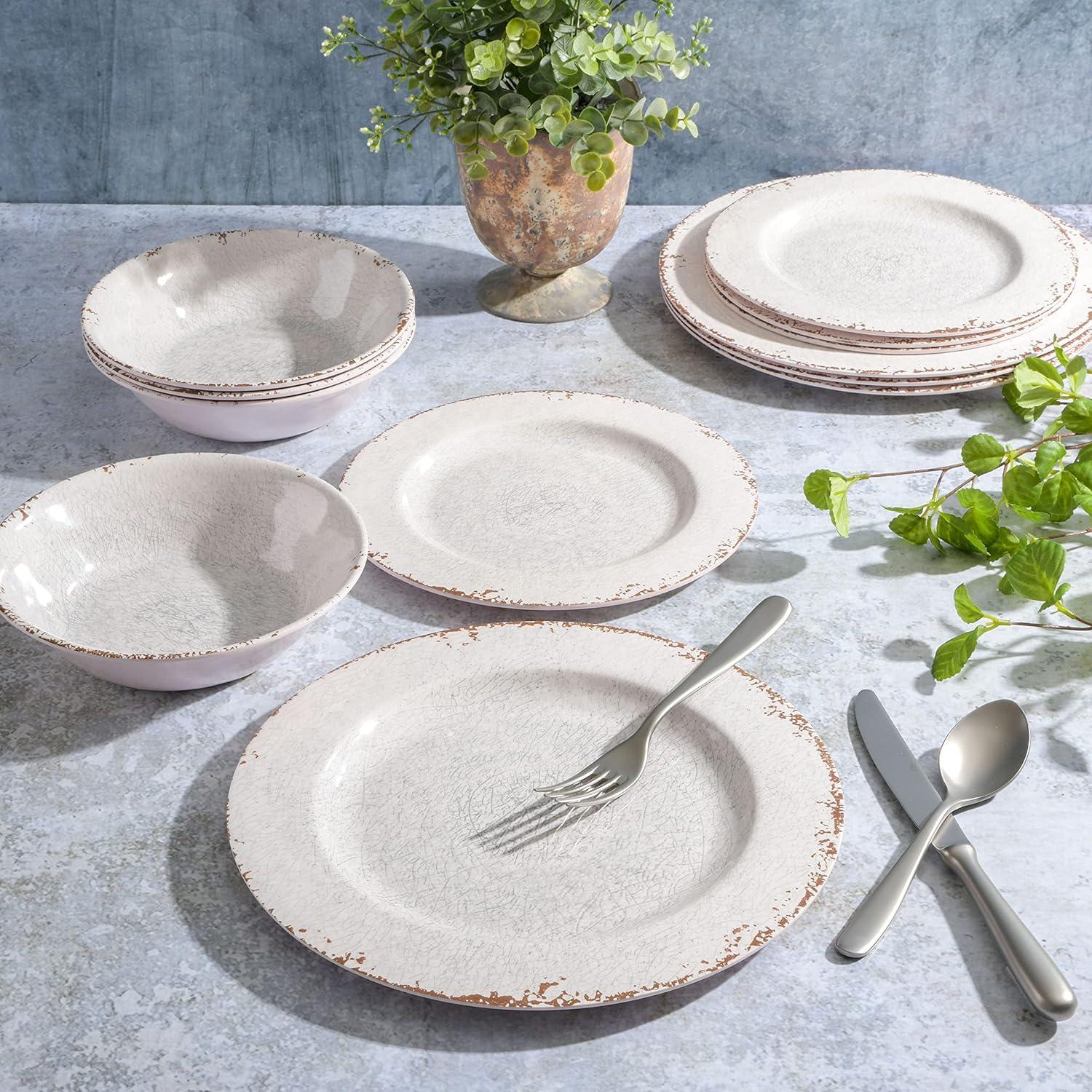 Mauna White Crackle Melamine 12-Piece Dinnerware Set