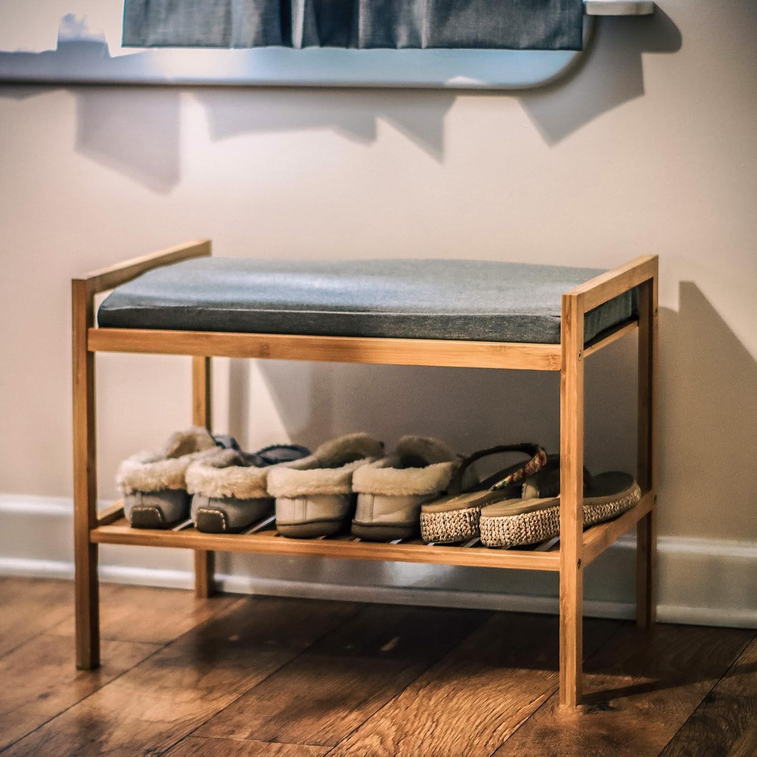 Bamboo Wood Shoe Storage Bench with Gray Cushion