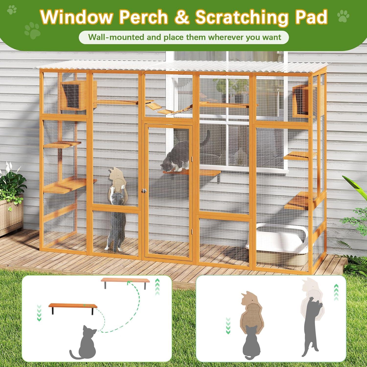 COZIWOW Outdoor Cat Enclosure, Catio Pet Safe House, 104" Extra Large Indoor Window Box with 7 Platforms, Resting Houses, and Walk-In Door, Orange
