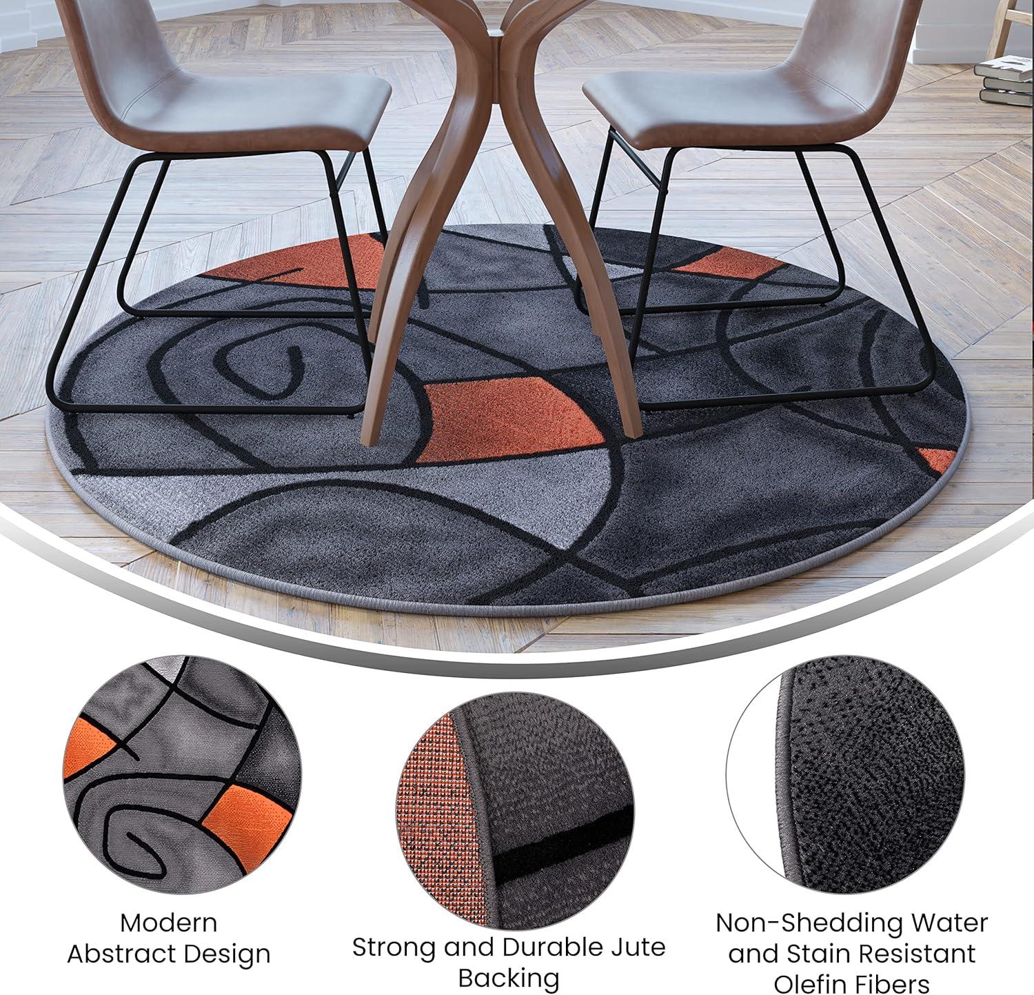 Flash Furniture Jubilee Collection 5' x 5' Round Orange Abstract Area Rug - Olefin Rug with Jute Backing - Living Room, Bedroom, Family Room