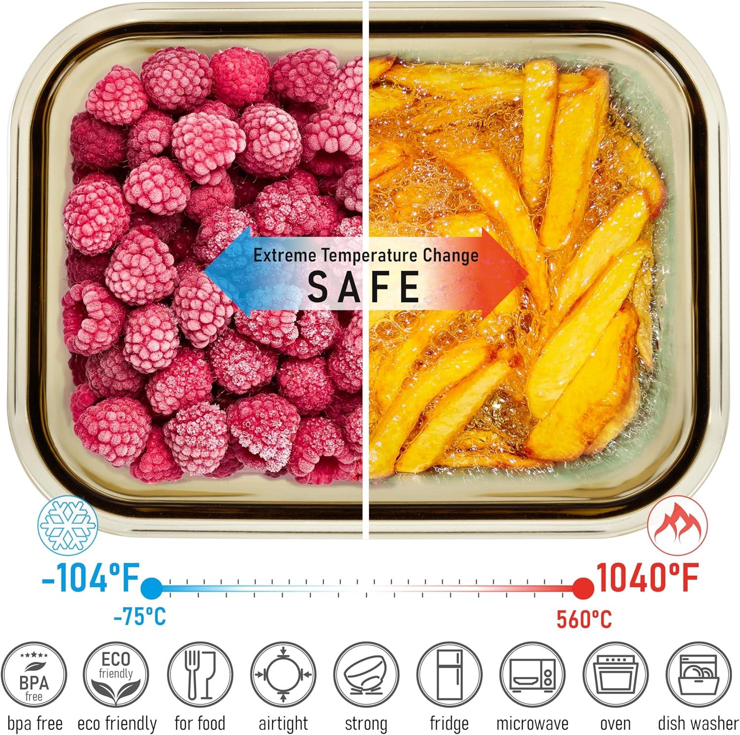 Amber Glass Meal Prep Containers with Acacia Lids, Set of 4