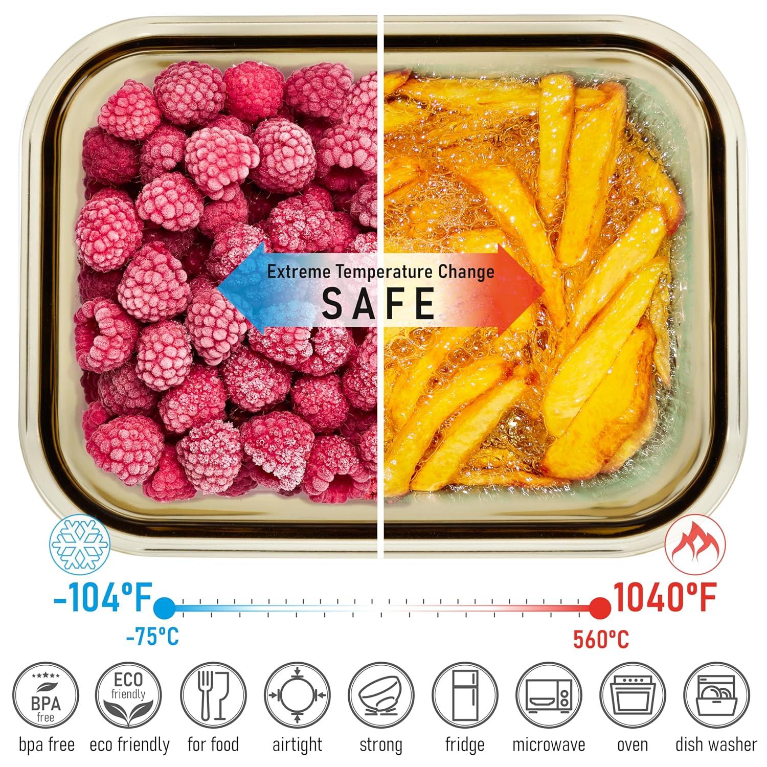 Amber Glass Meal Prep Containers with Acacia Lids, Set of 4