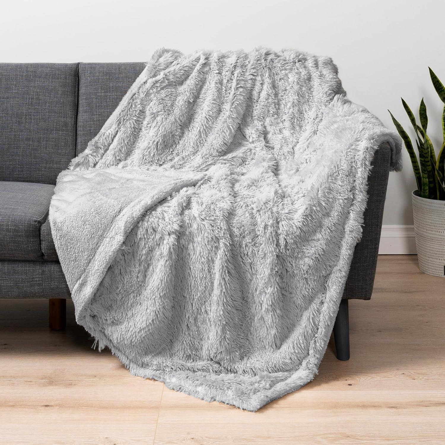PAVILIA Fluffy Faux Fur Reversible Throw Blanket for Bed, Sofa, and Couch, Light Gray/Throw - 50x60