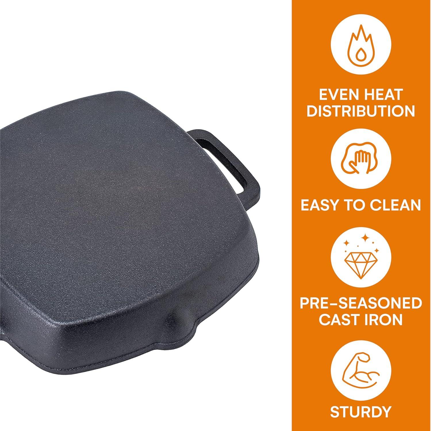 Bruntmor 10 Inch Square Cast Iron Grill Pan Steak Pan Pre Seasoned Grill Pan with Easy Grease Drain Spout, with Large Loop Handles for Grilling Bacon, Steak, and Meats