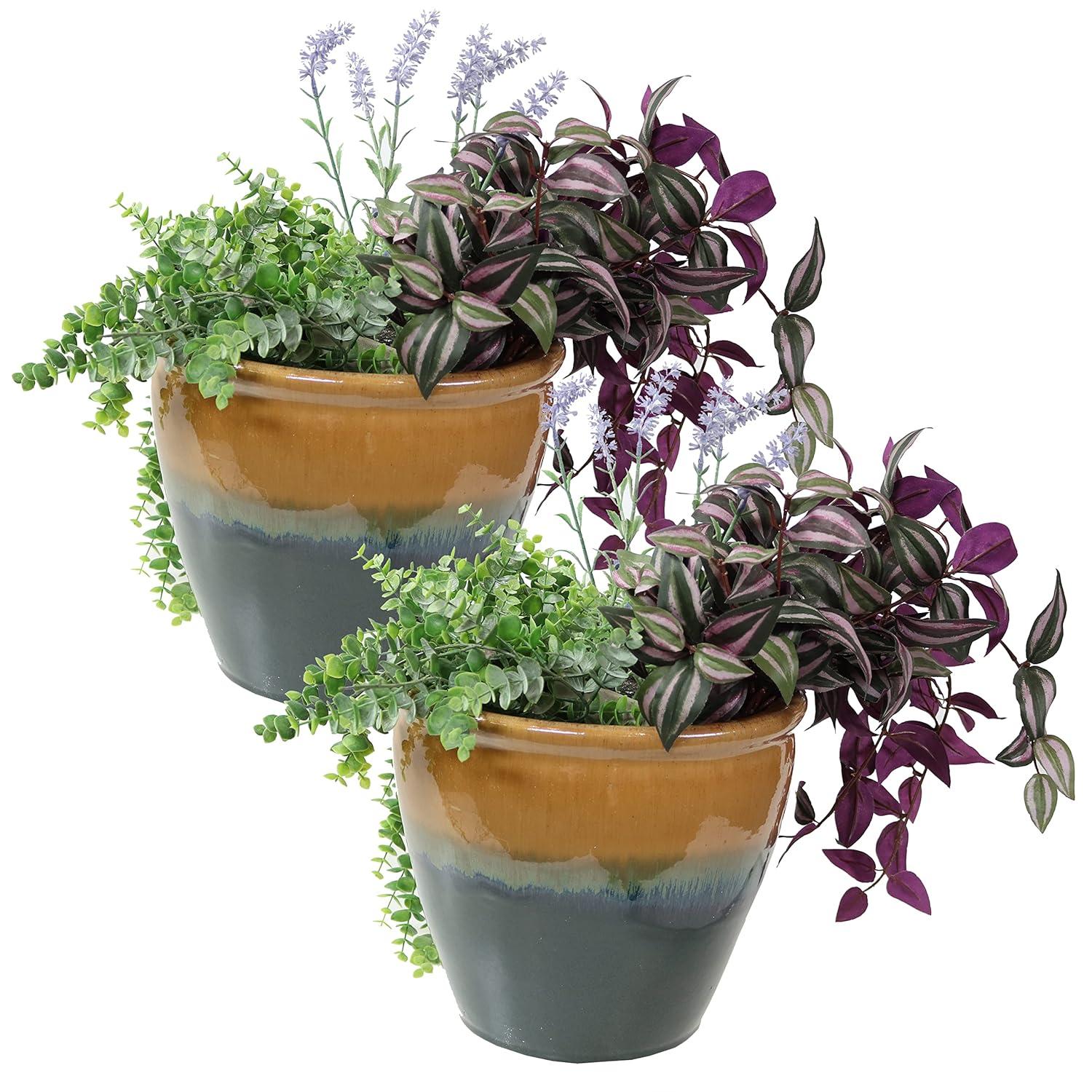 Sunnydaze Studio Outdoor/Indoor High-Fired Glazed UV- and Frost-Resistant Ceramic Planters with Drainage Holes - 11" Diameter - Seafoam - 2-Pack