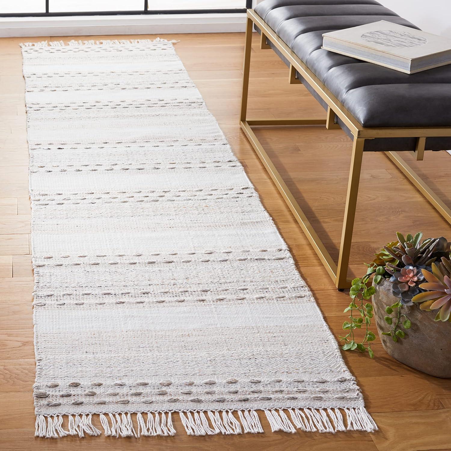 Beige and Ivory Striped Kilim Wool Runner Rug, 2' 3" x 9'