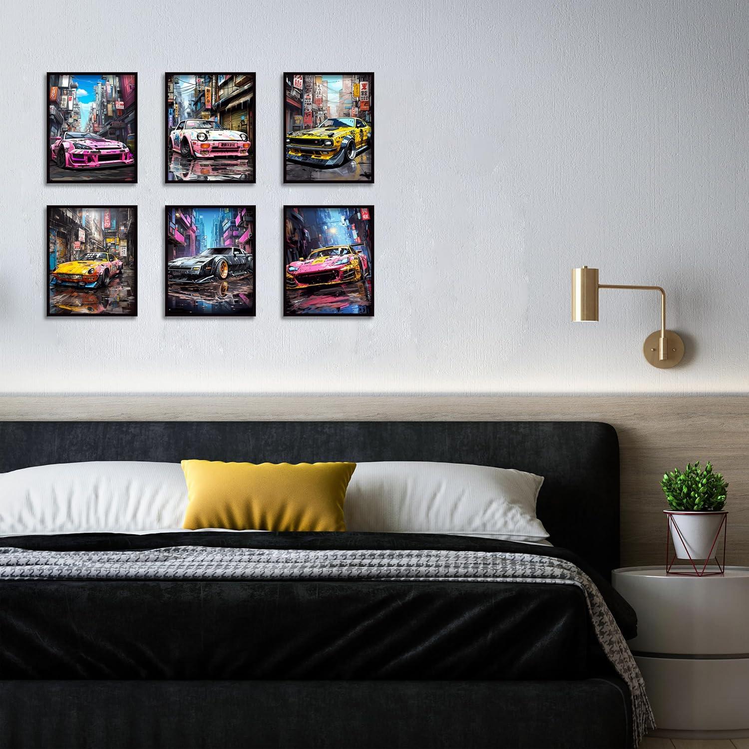 Car Wall Art Prints Set of 6 Street Racing Car Posters Fashion Wall Decor Colorful Landscape Car Paintings Modern Car llustration Aesthetic Photo Picture Canvas Art Painting for Living Room Hallway