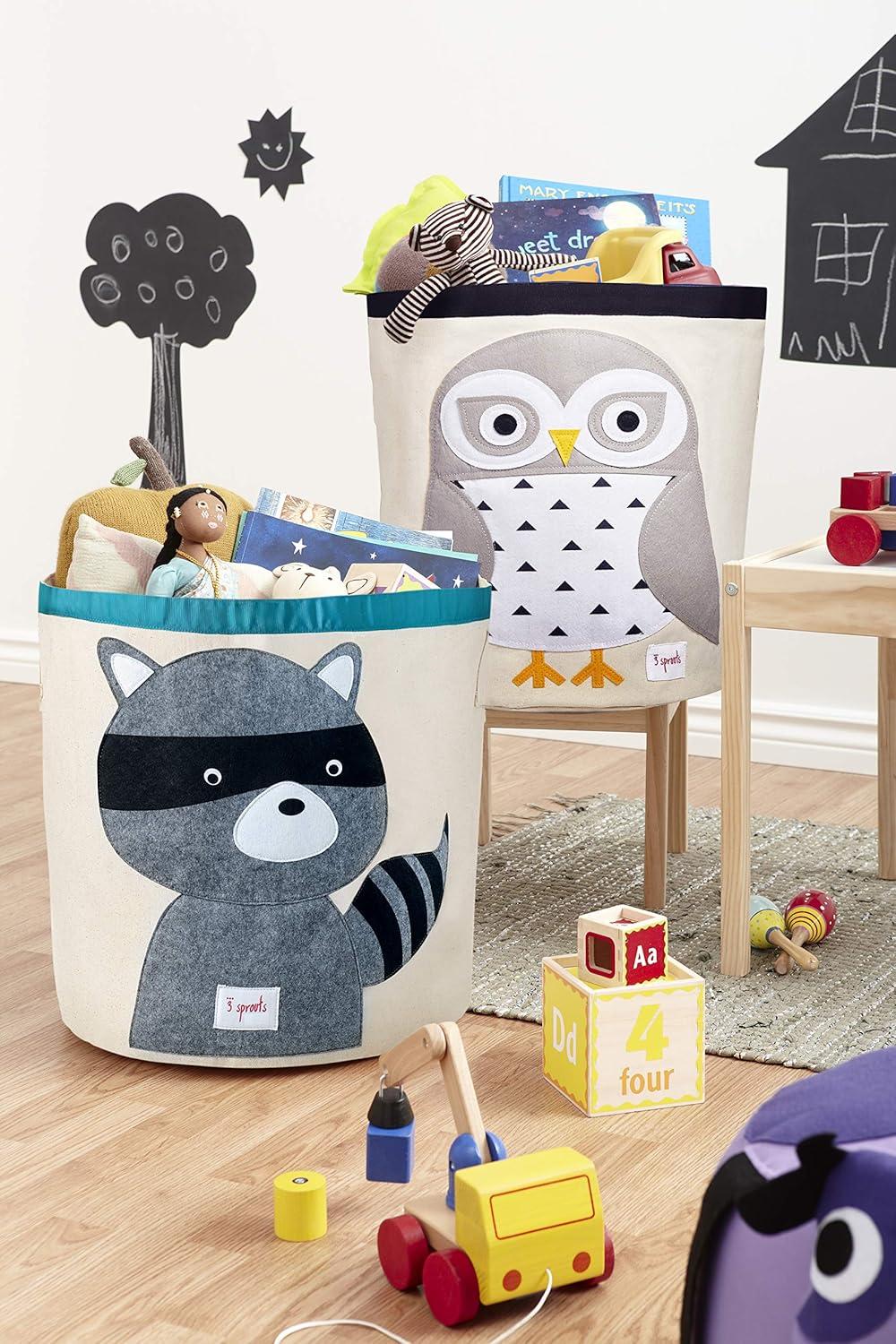 3 Sprouts White and Gray Canvas Owl Storage Bin