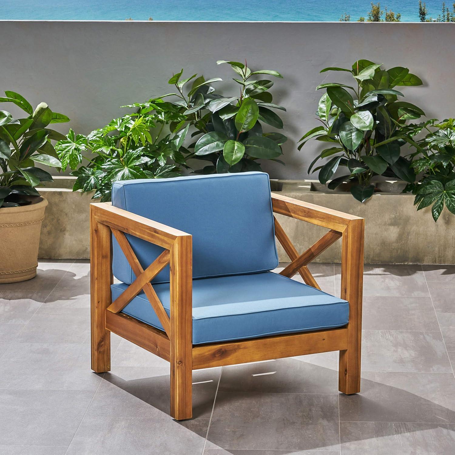 Teak Finish Acacia Wood Outdoor Club Chair with Blue Cushion