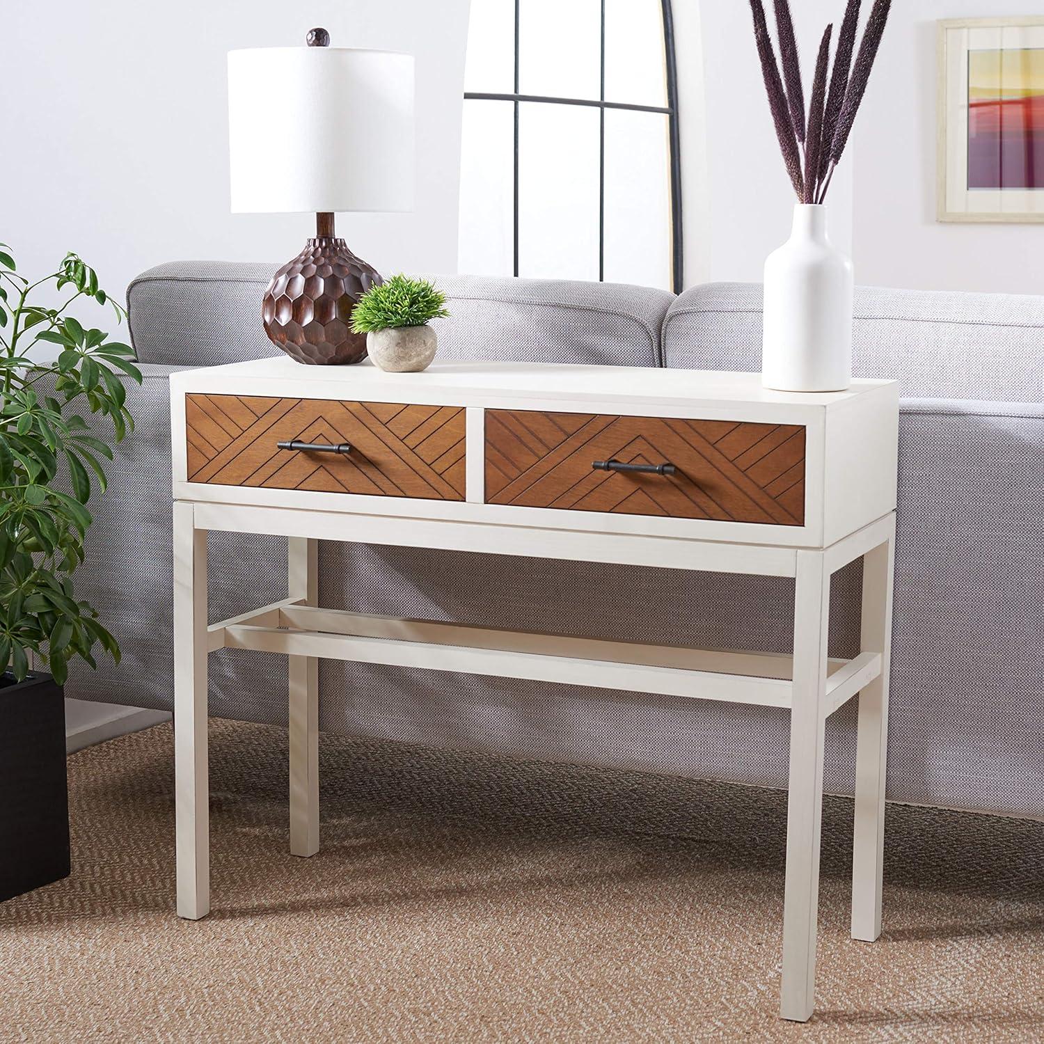 Ajana Distressed White & Honey Brown Chevron 2-Drawer Console Table