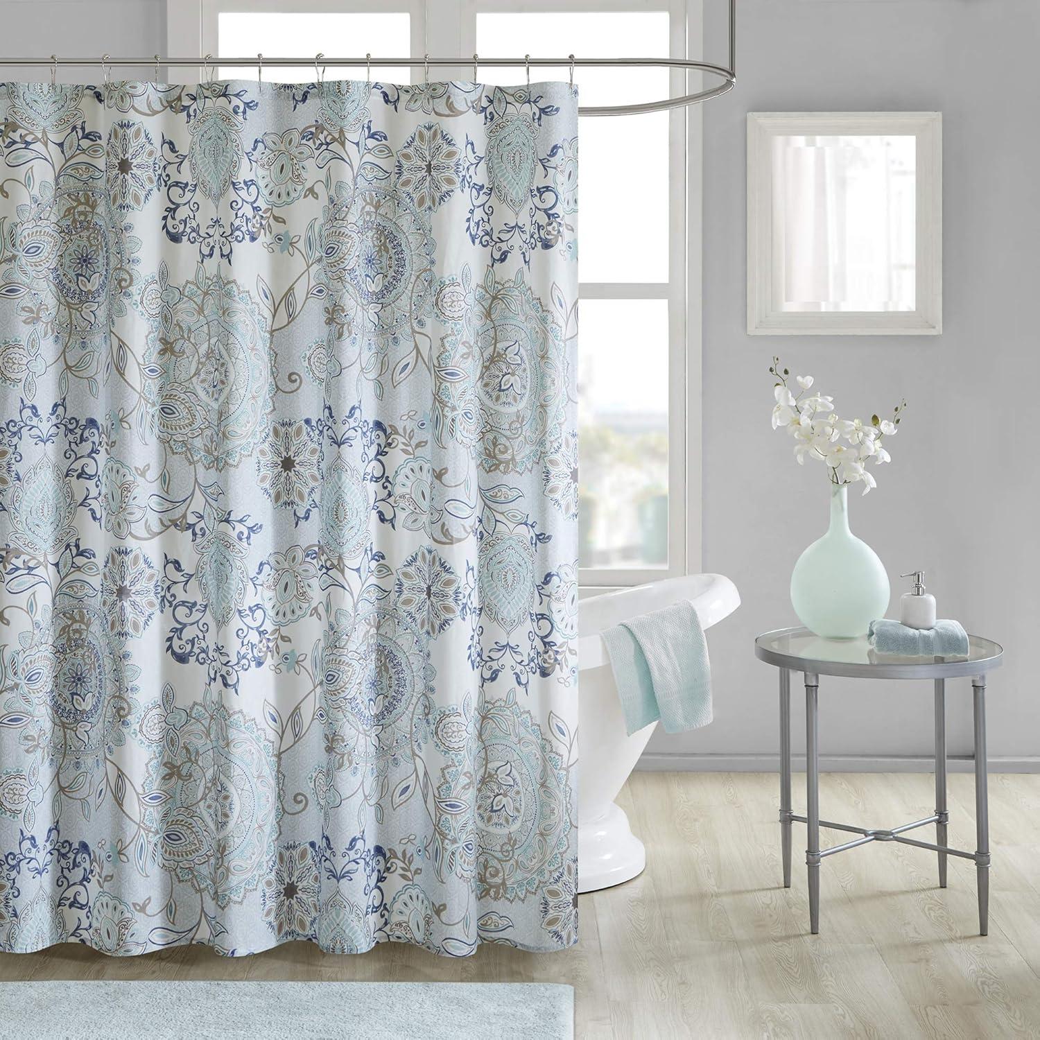 Blue Floral Medallion Cotton Shower Curtain 72" x 72"